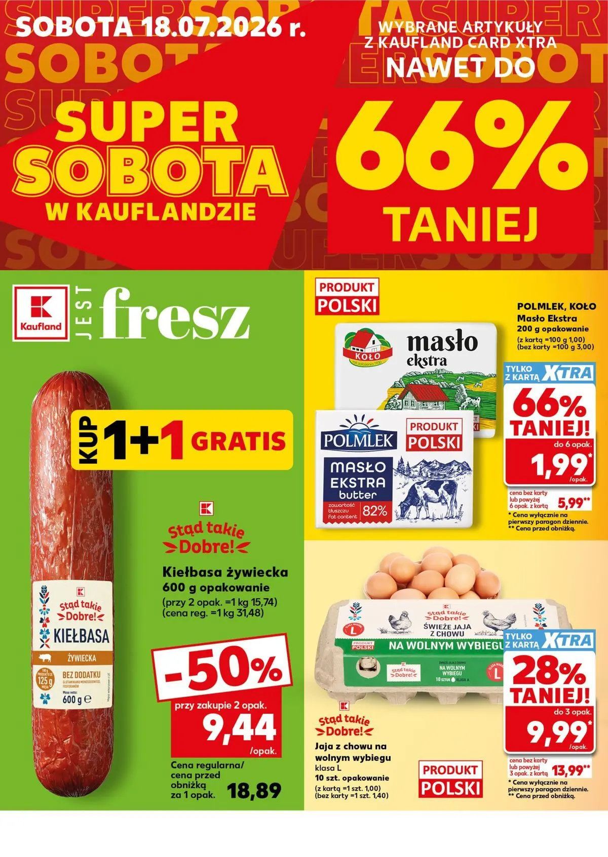 Kaufland gazetka - Super Sobota od 18.07.2026 - od jutra PDF | Strona: 2 | Produkty: Kiełbasa, Karta, Masło, Jaja