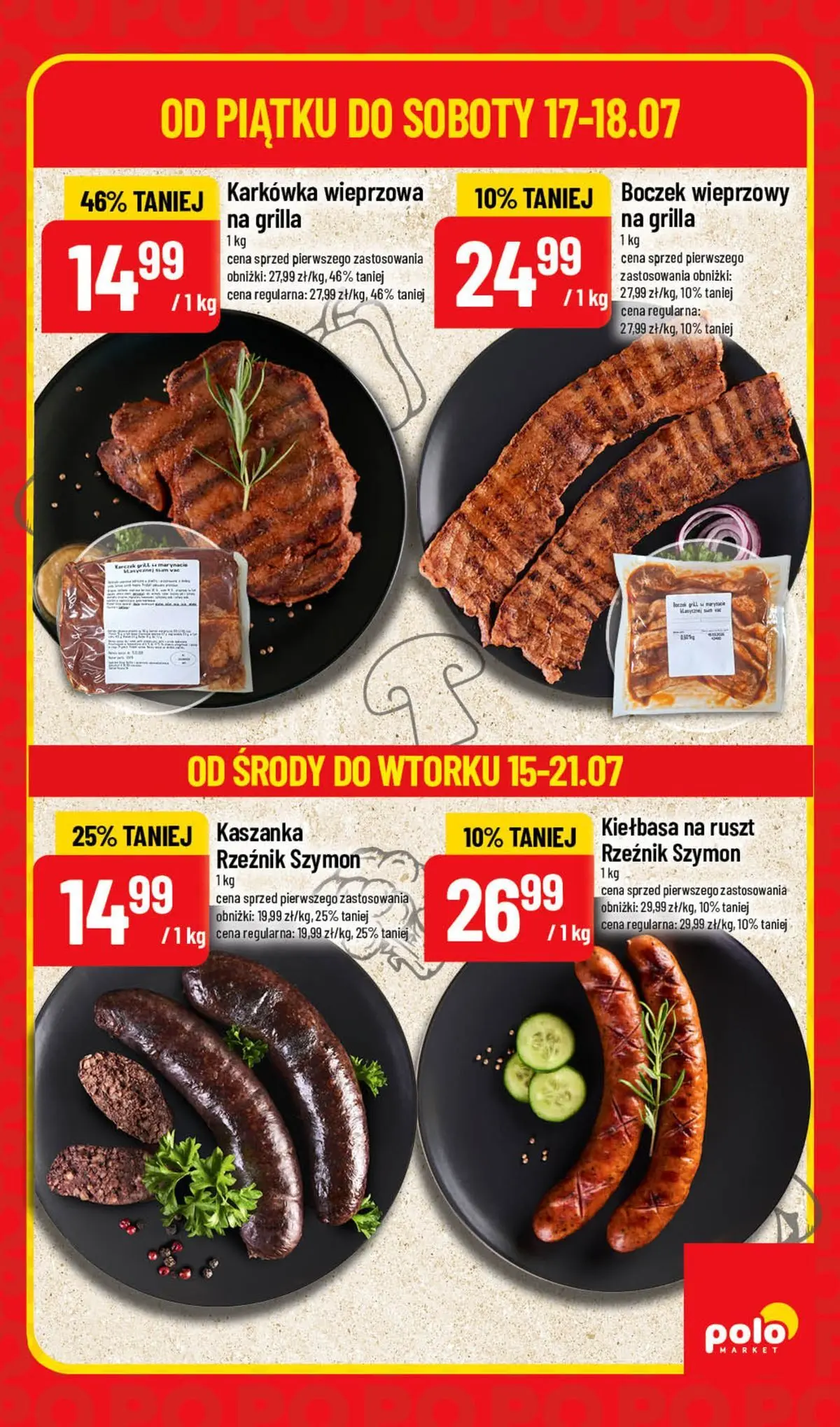 Nowa POLOmarket gazetka od jutra 16.07.2026 | Strona: 3 | Produkty: Kiełbasa, Boczek wieprzowy, Ruszt, Boczek