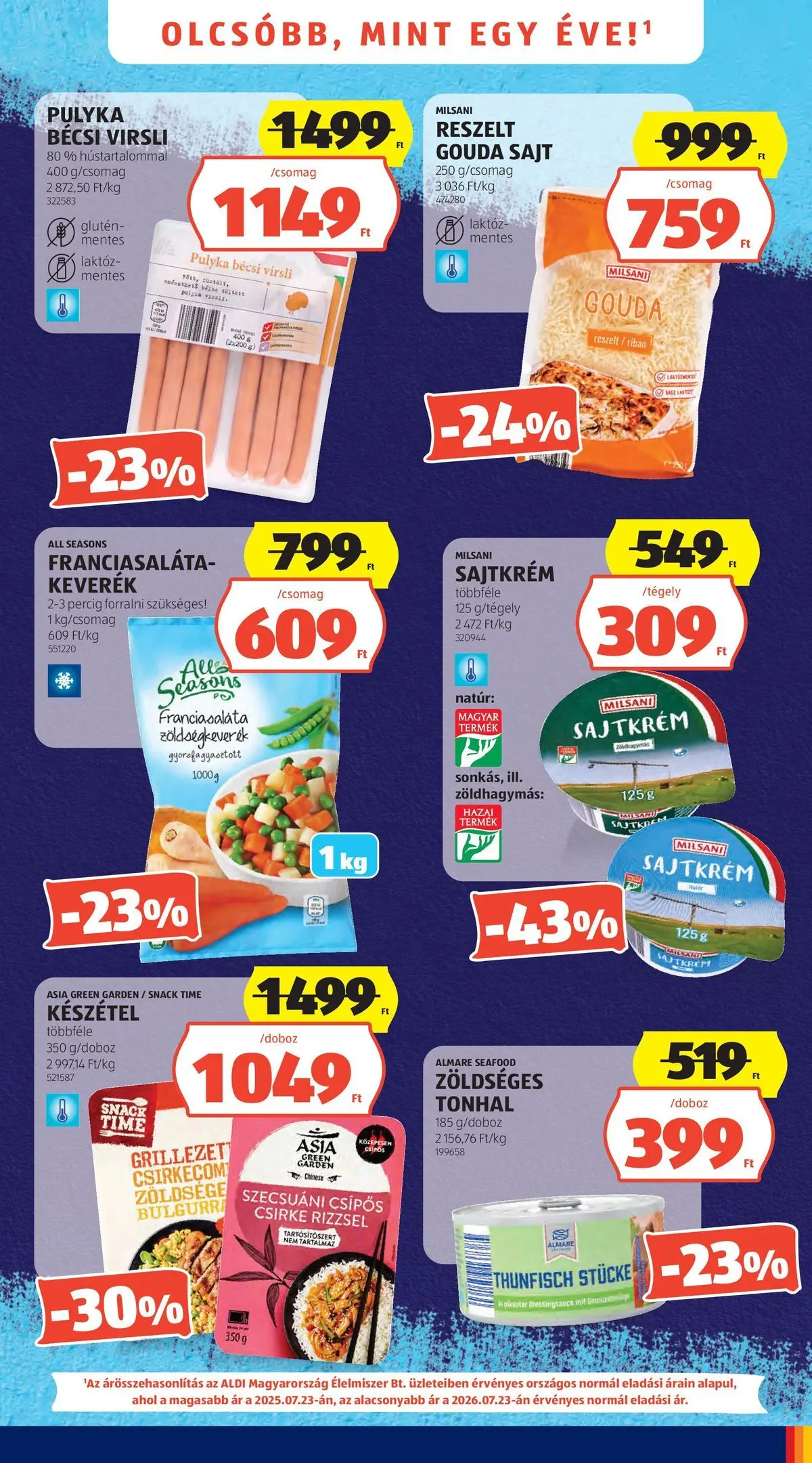 Aldi aktuális akciós újság - 2026.07.23. -tól/töl > akció, lapozható szórólap 🛍️ | Oldal: 3 | Termékek: Virsli, Gouda, Sajt, Készétel