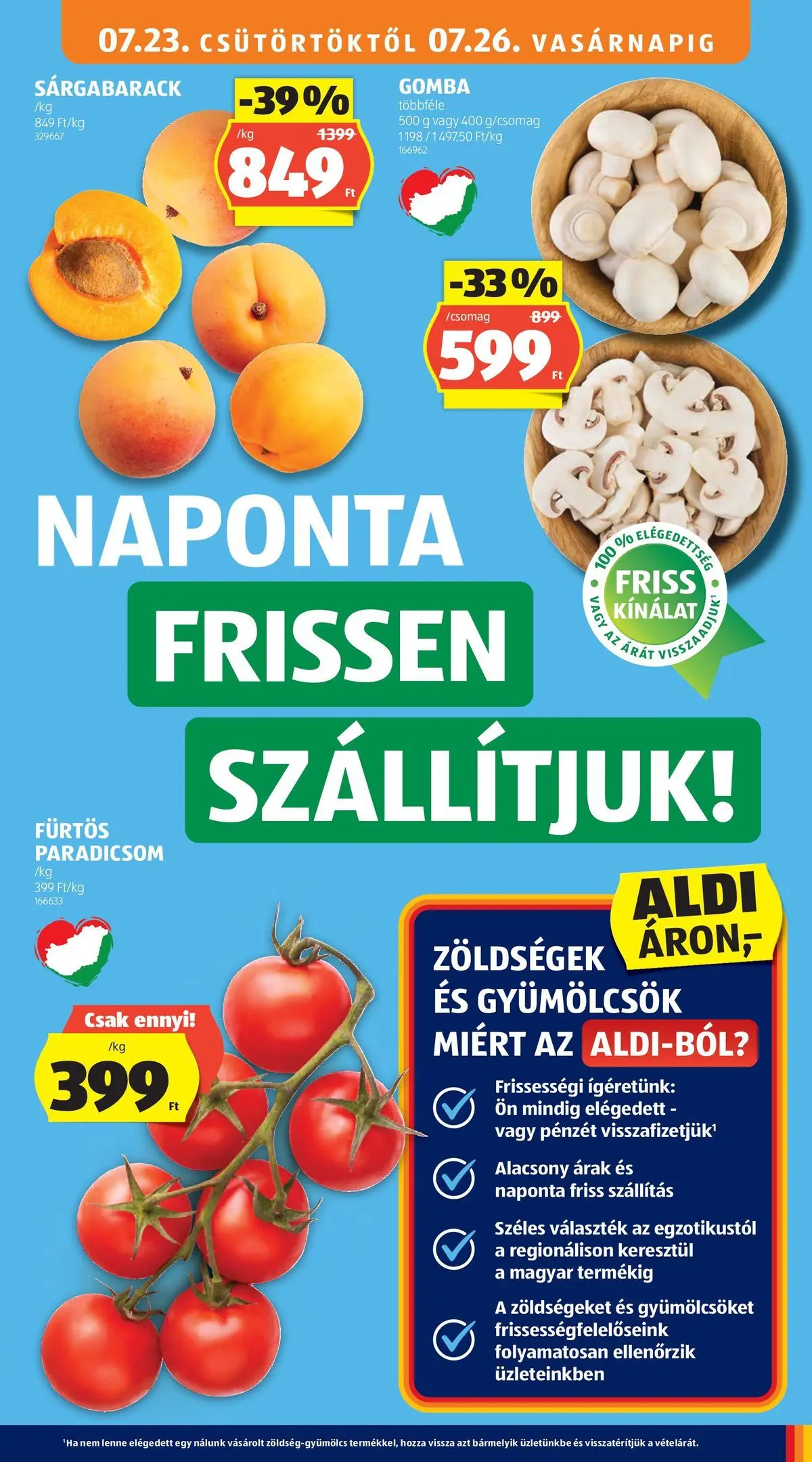 Aldi aktuális akciós újság - 2026.07.23. -tól/töl > akció, lapozható szórólap 🛍️ | Oldal: 9 | Termékek: Sárgabarack, Gomba, Paradicsom