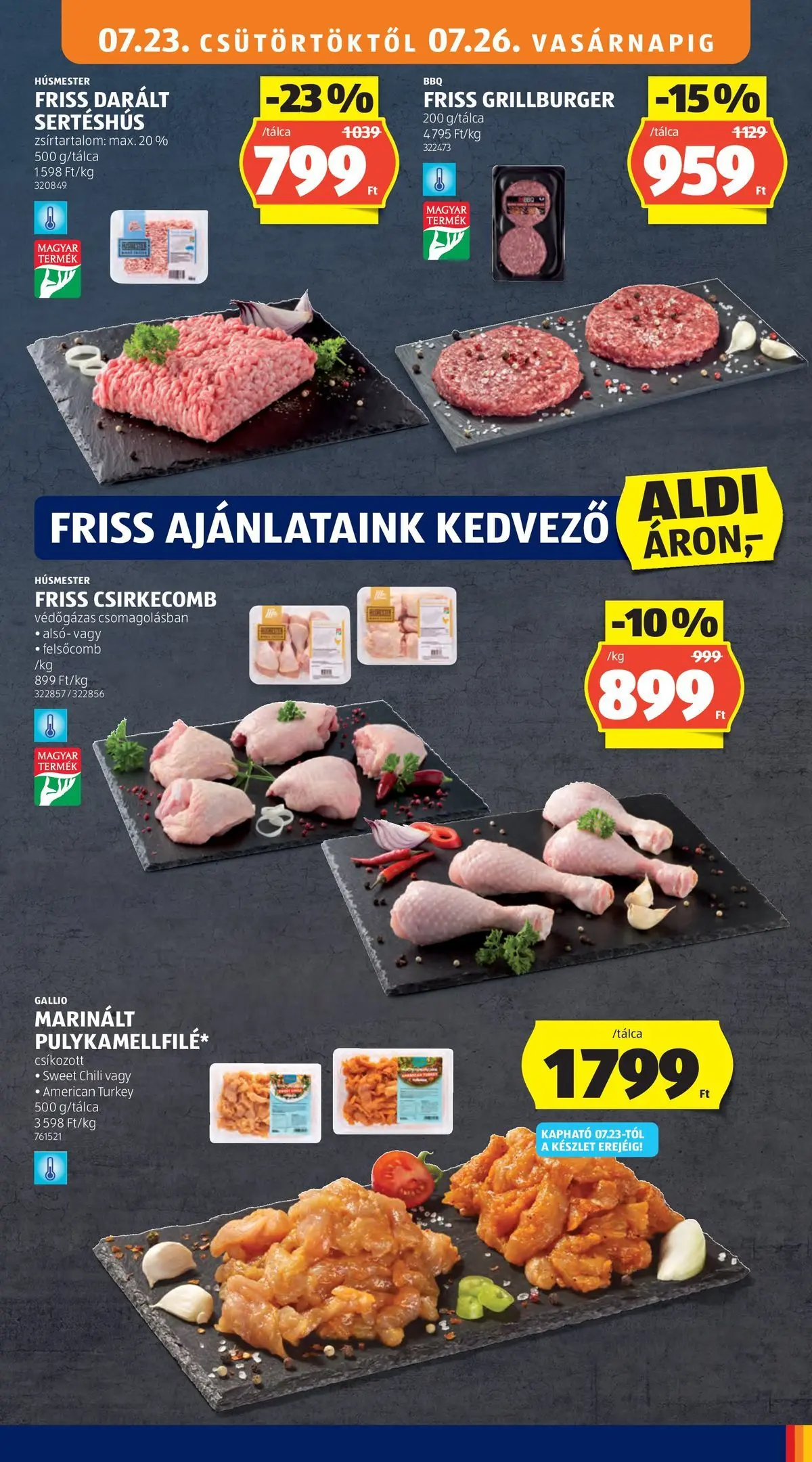 Aldi aktuális akciós újság - 2026.07.23. -tól/töl > akció, lapozható szórólap 🛍️ | Oldal: 11 | Termékek: Chili, Darált sertéshús, Sertéshús, Csirkecomb