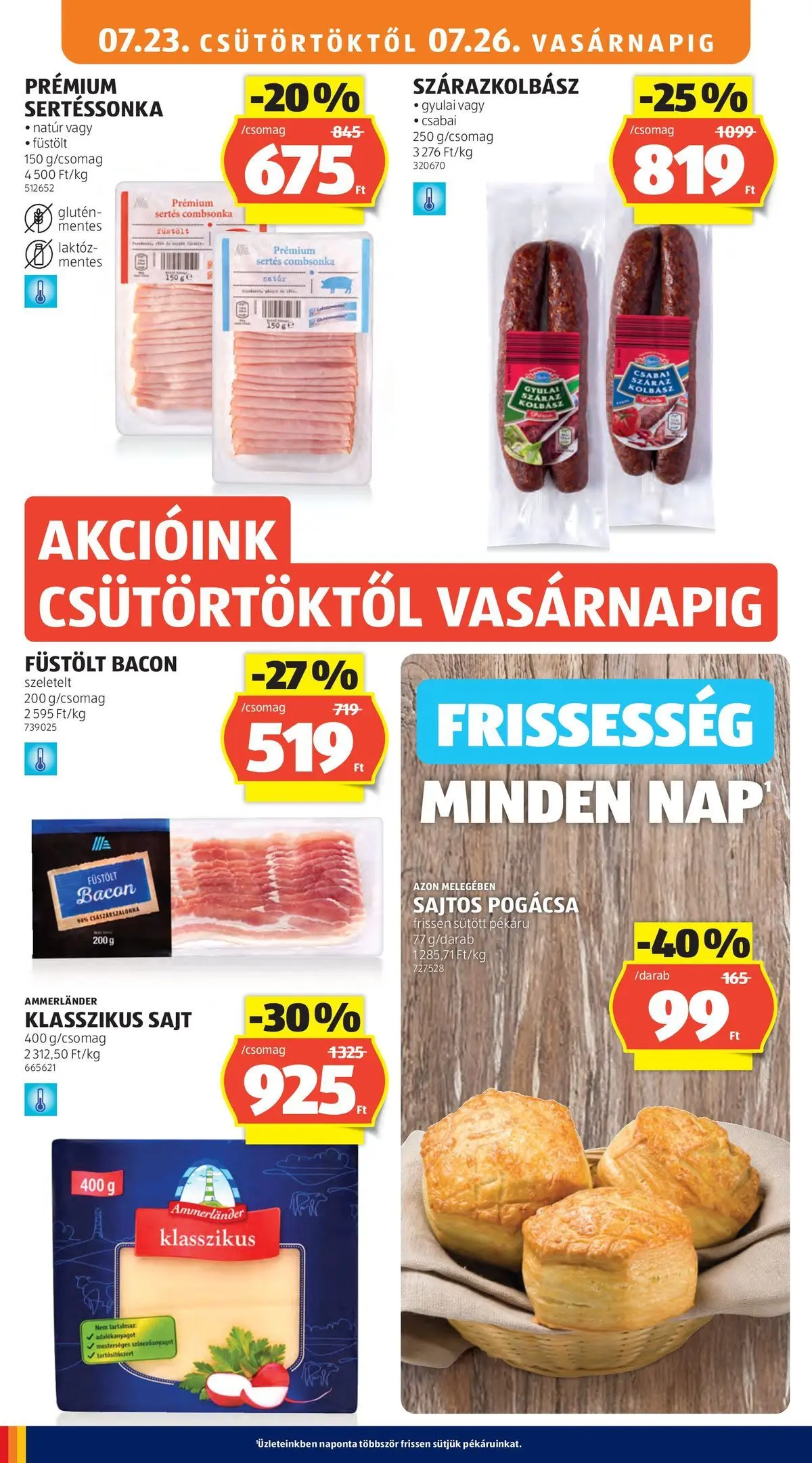 Aldi aktuális akciós újság - 2026.07.23. -tól/töl > akció, lapozható szórólap 🛍️ | Oldal: 16 | Termékek: Kolbász, Sajt, Pogácsa, Combsonka