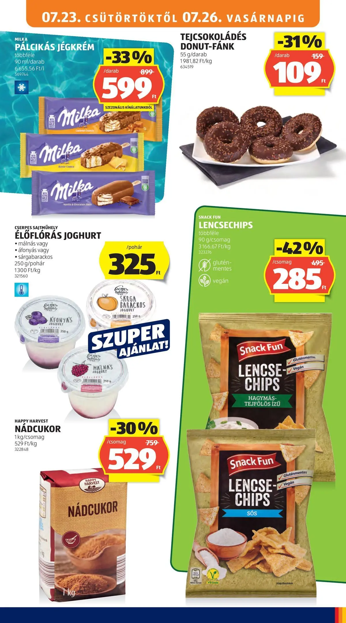 Aldi aktuális akciós újság - 2026.07.23. -tól/töl > akció, lapozható szórólap 🛍️ | Oldal: 17 | Termékek: Fánk, Nádcukor, Sajt, Lencse