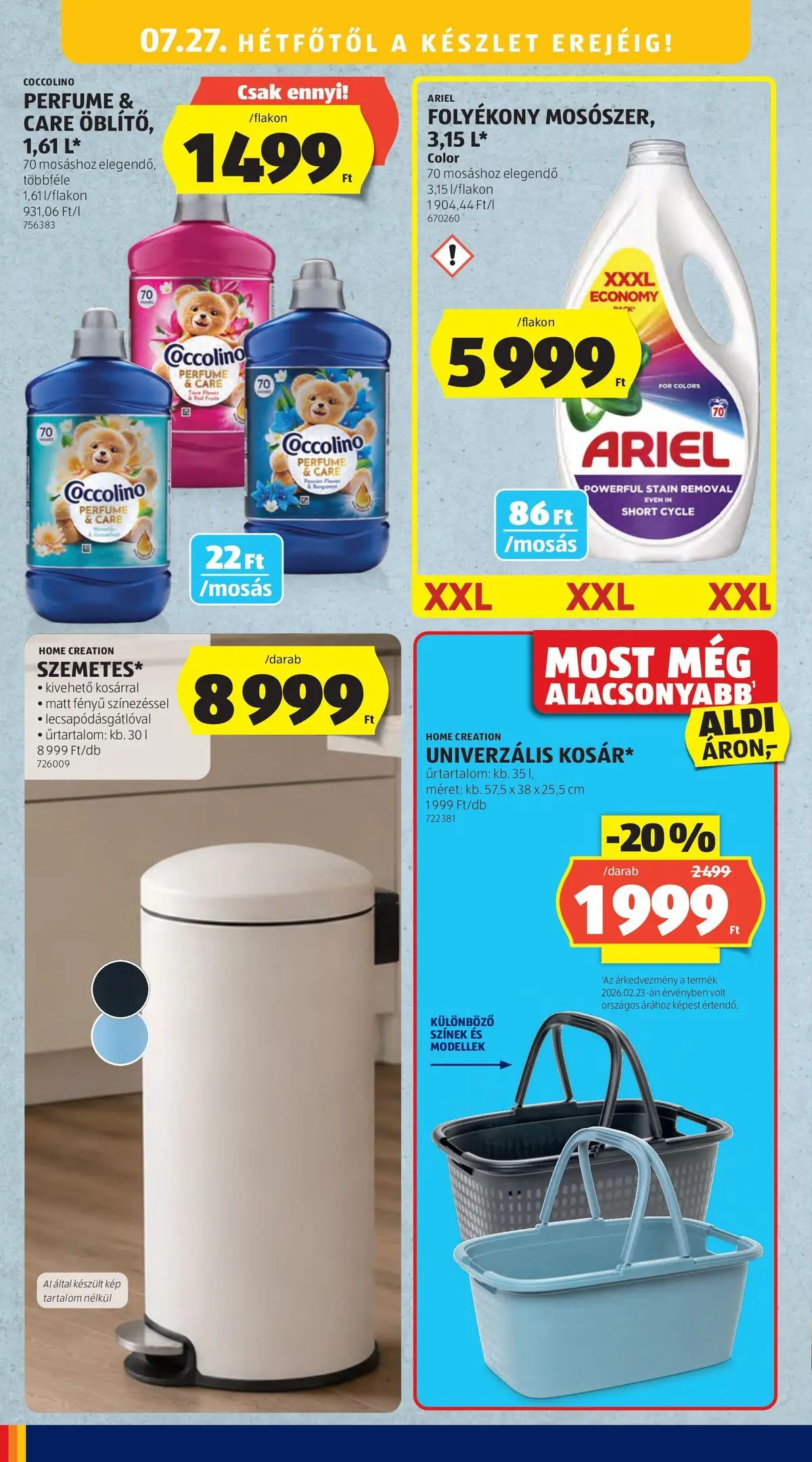 Aldi aktuális akciós újság - 2026.07.23. -tól/töl > akció, lapozható szórólap 🛍️ | Oldal: 50 | Termékek: Ariel, Coccolino