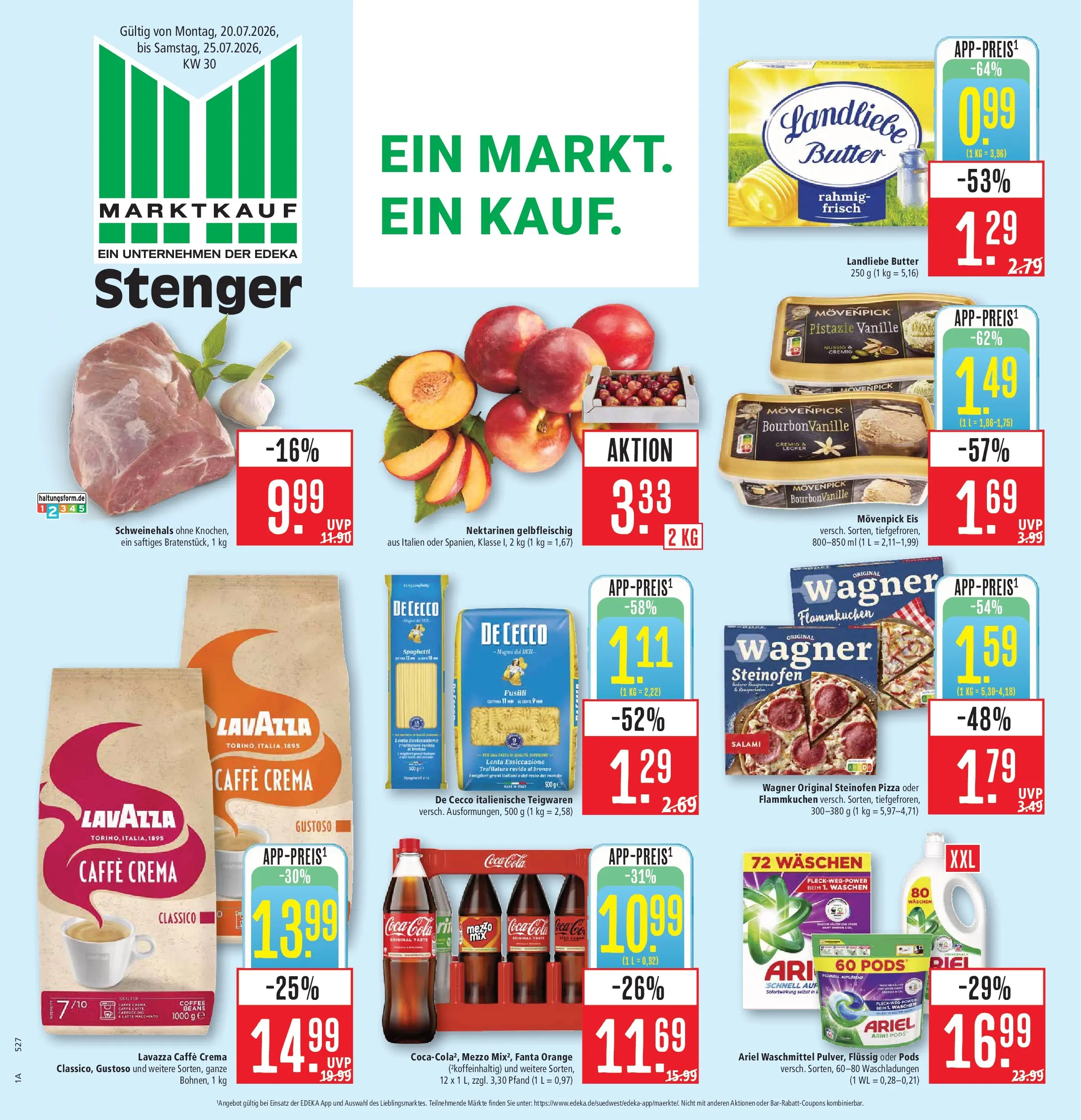 Marktkauf Prospekt Aschaffenburg (ab 20.07.2026) » Angebote online | Seite: 1 | Produkte: Cola, Nektarinen, Pizza, Eis
