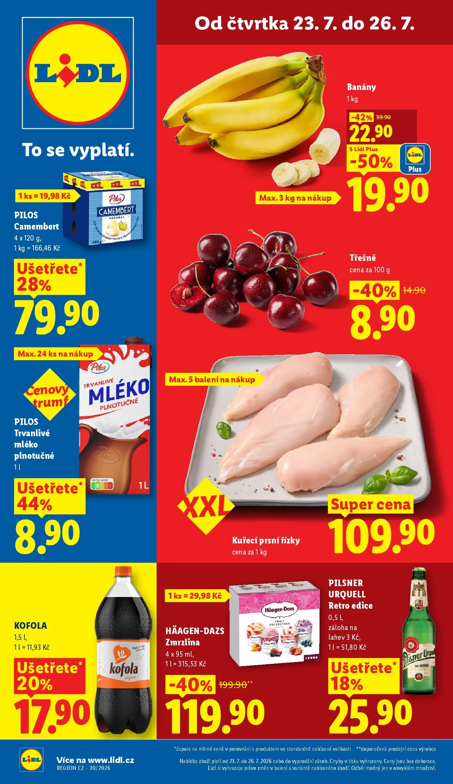 Lidl leták od 23.07.2026 - Nový akční leták | Strana: 1 | Produkty: Třešně, Zmrzlina, Kuřecí prsní řízky, Kofola