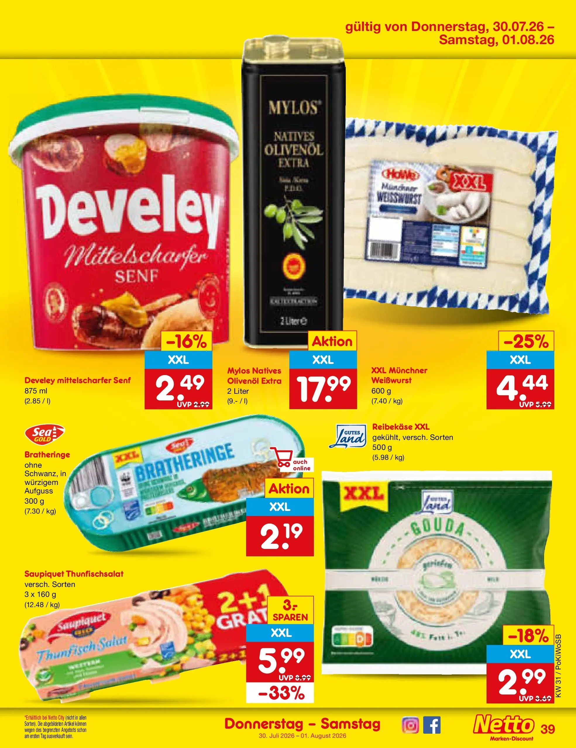 Netto Marken-Discount Prospekt Amberg (ab 27.07.2026) » Angebote | Seite: 56 | Produkte: Thunfisch, Gouda, Olivenol, Reibekase