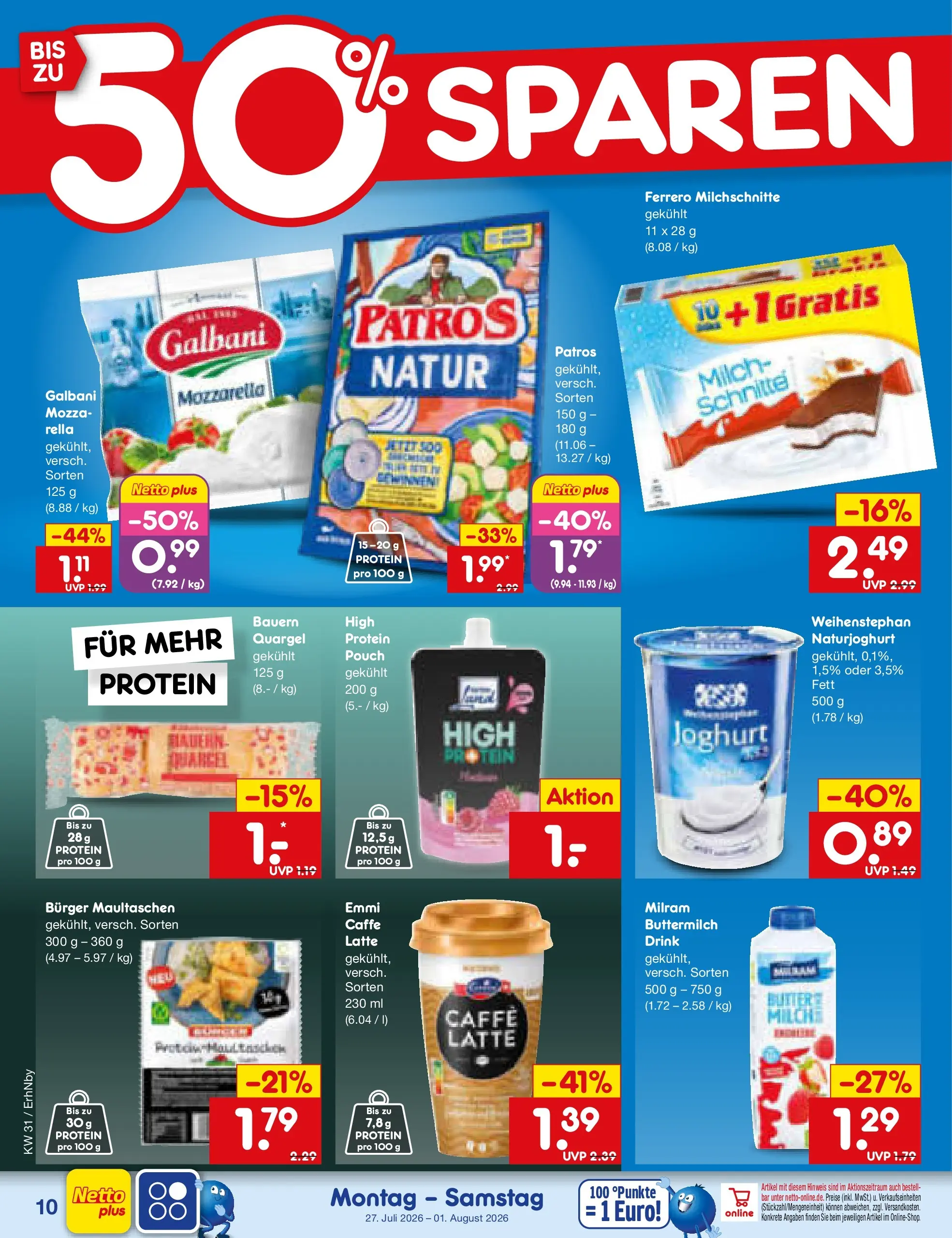 Netto Marken-Discount Prospekt Metten (ab 27.07.2026) » Angebote | Seite: 16 | Produkte: Buttermilch, Milch, Mozzarella, Milram