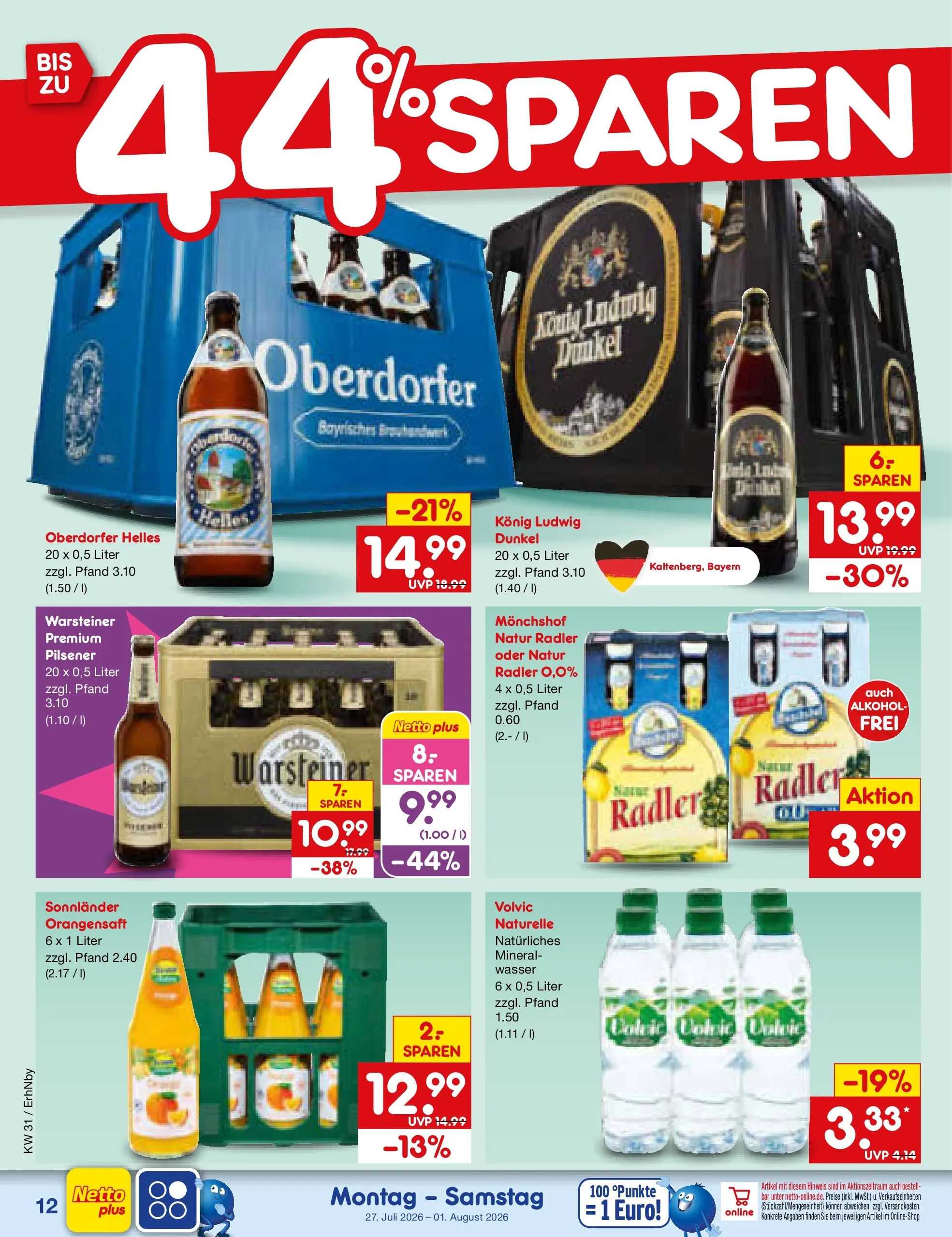 Netto Marken-Discount Prospekt Metten (ab 27.07.2026) » Angebote | Seite: 20 | Produkte: Monchshof, Orangensaft, Wasser, Warsteiner