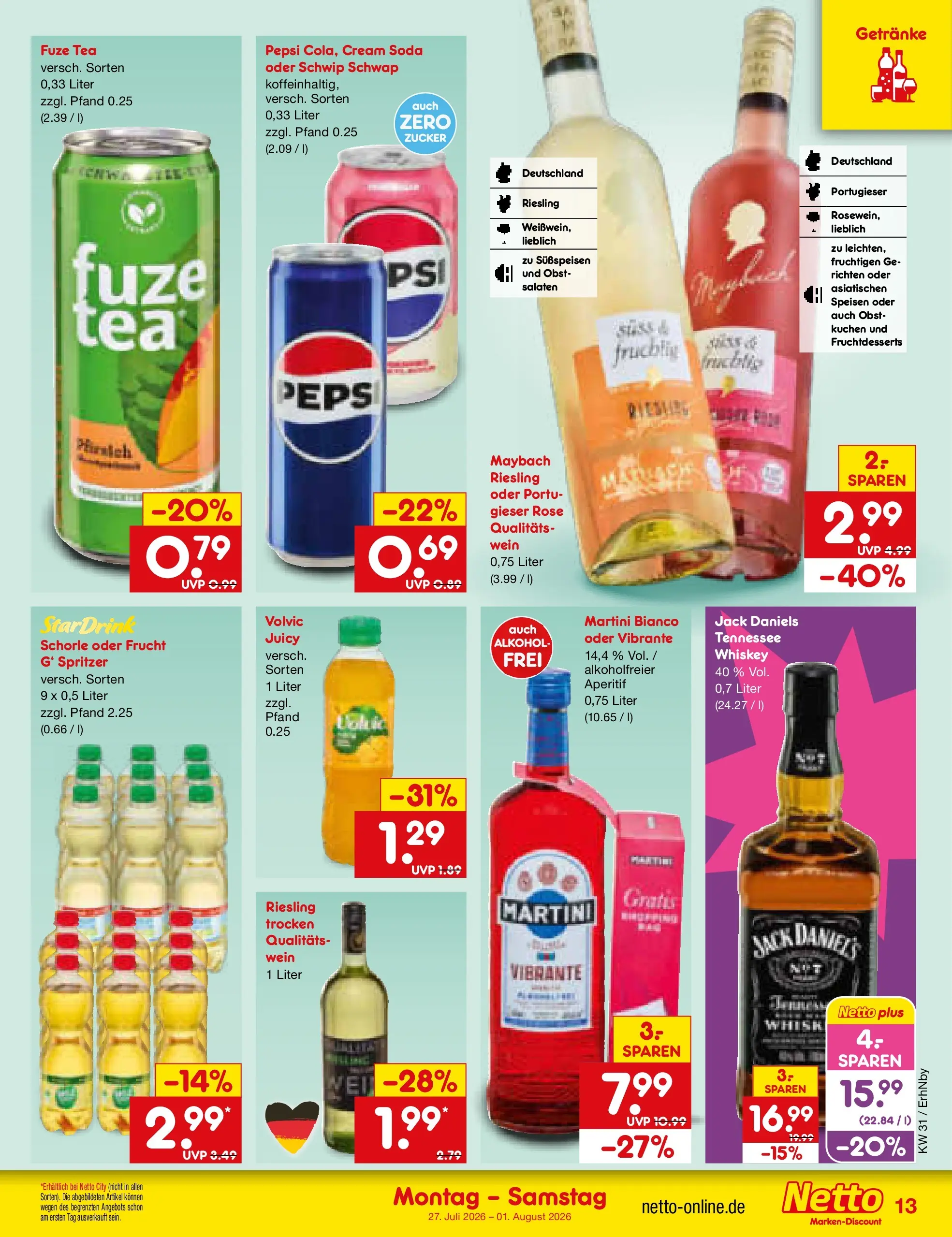 Netto Marken-Discount Prospekt Metten (ab 27.07.2026) » Angebote | Seite: 21 | Produkte: Martini, Pepsi, Kuchen, Whiskey