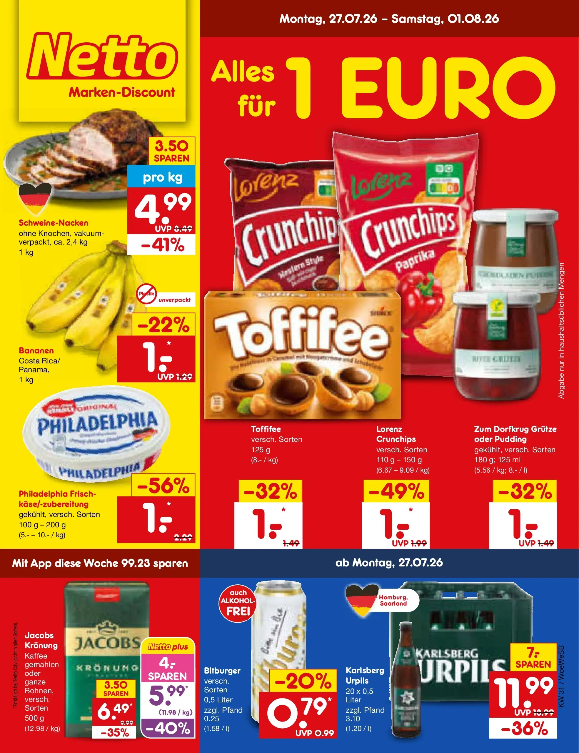 Netto Marken-Discount Prospekt Leonberg (ab 27.07.2026) » Angebote | Seite: 1 | Produkte: Bitburger, Schweinenacken, Pudding, Toffifee