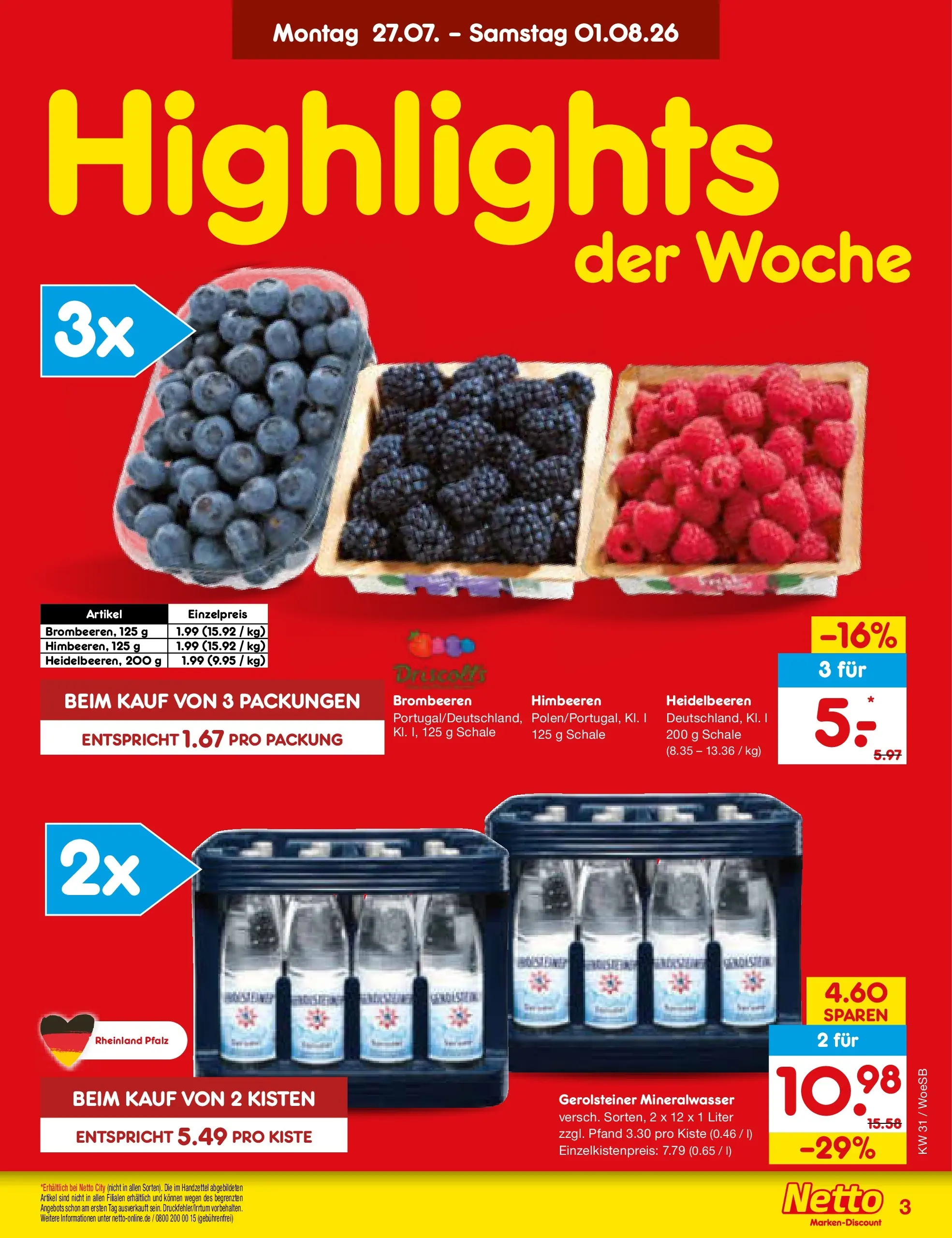 Netto Marken-Discount Prospekt Leonberg (ab 27.07.2026) » Angebote | Seite: 3 | Produkte: Himbeeren, Mineralwasser, Heidelbeeren, Gerolsteiner