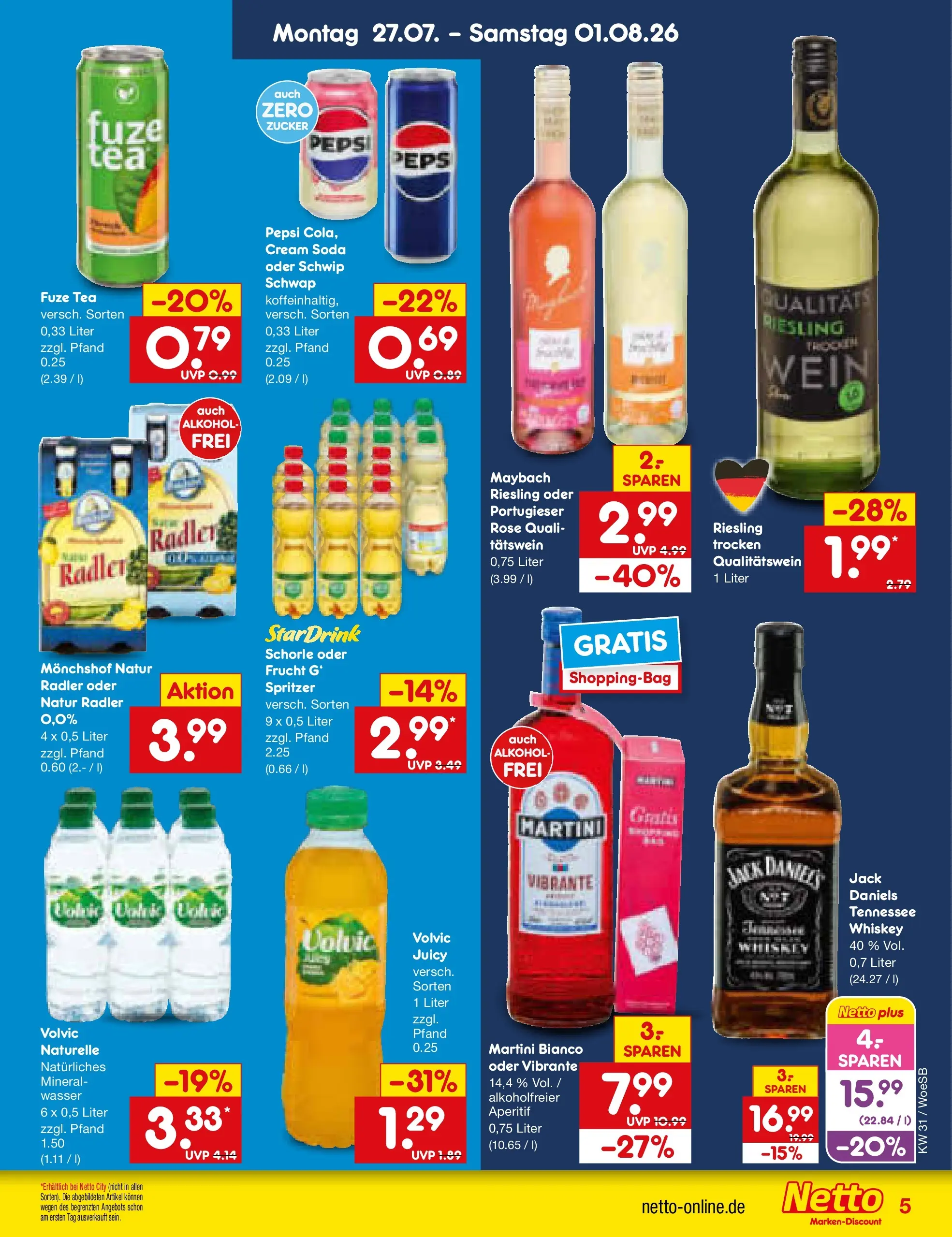 Netto Marken-Discount Prospekt Leonberg (ab 27.07.2026) » Angebote | Seite: 5 | Produkte: Martini, Radler, Zucker, Volvic