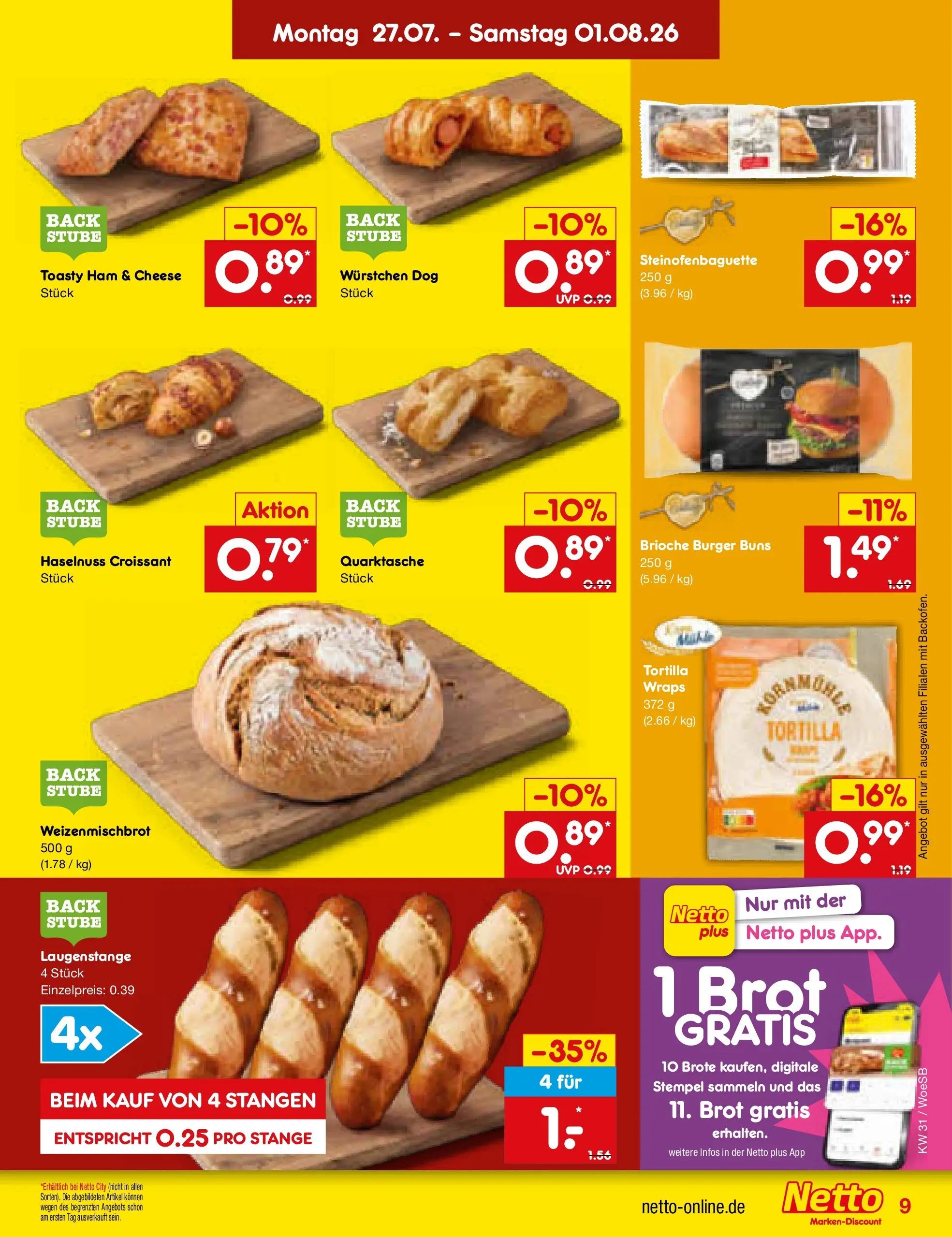 Netto Marken-Discount Prospekt Leonberg (ab 27.07.2026) » Angebote | Seite: 11 | Produkte: Burger, Croissant, Brot