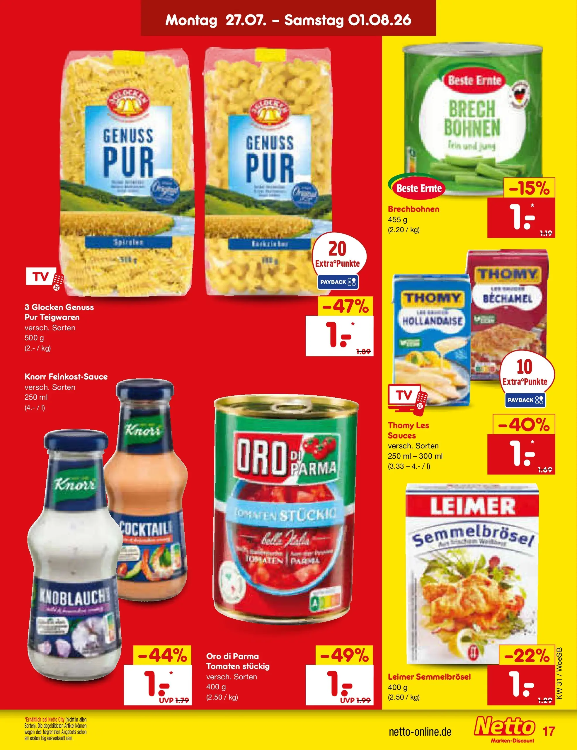 Netto Marken-Discount Prospekt Leonberg (ab 27.07.2026) » Angebote | Seite: 27 | Produkte: Tomaten, Knorr, Oro di parma