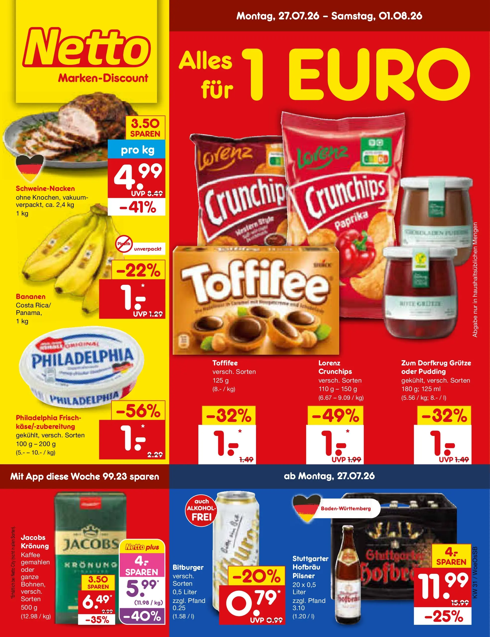 Netto Marken-Discount Prospekt Gemmingen (ab 27.07.2026) » Angebote | Seite: 1 | Produkte: Kaffee, Philadelphia, Bananen, Pudding
