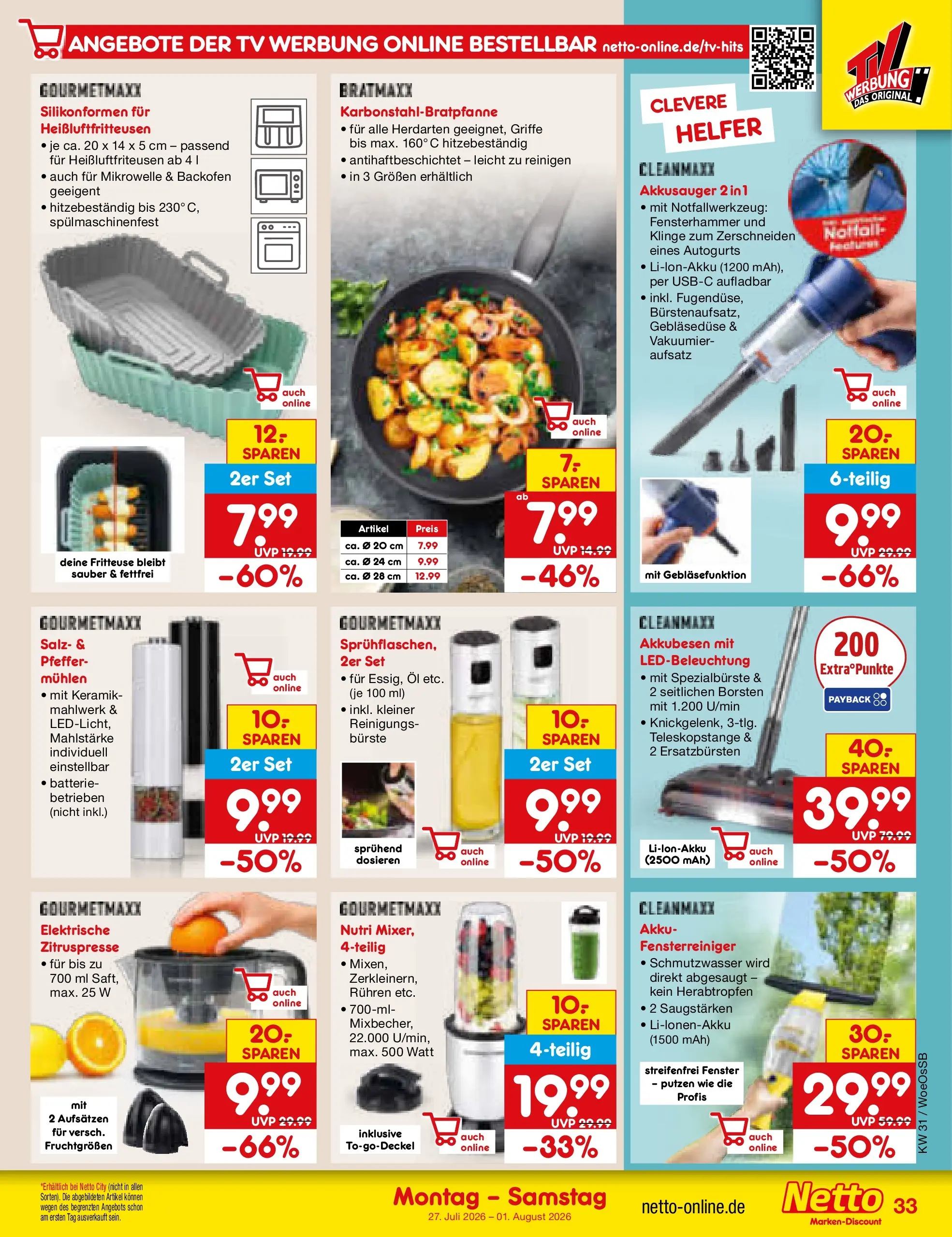 Netto Marken-Discount Prospekt Gemmingen (ab 27.07.2026) » Angebote | Seite: 50 | Produkte: Mikrowelle, Bürste, Backofen, TV