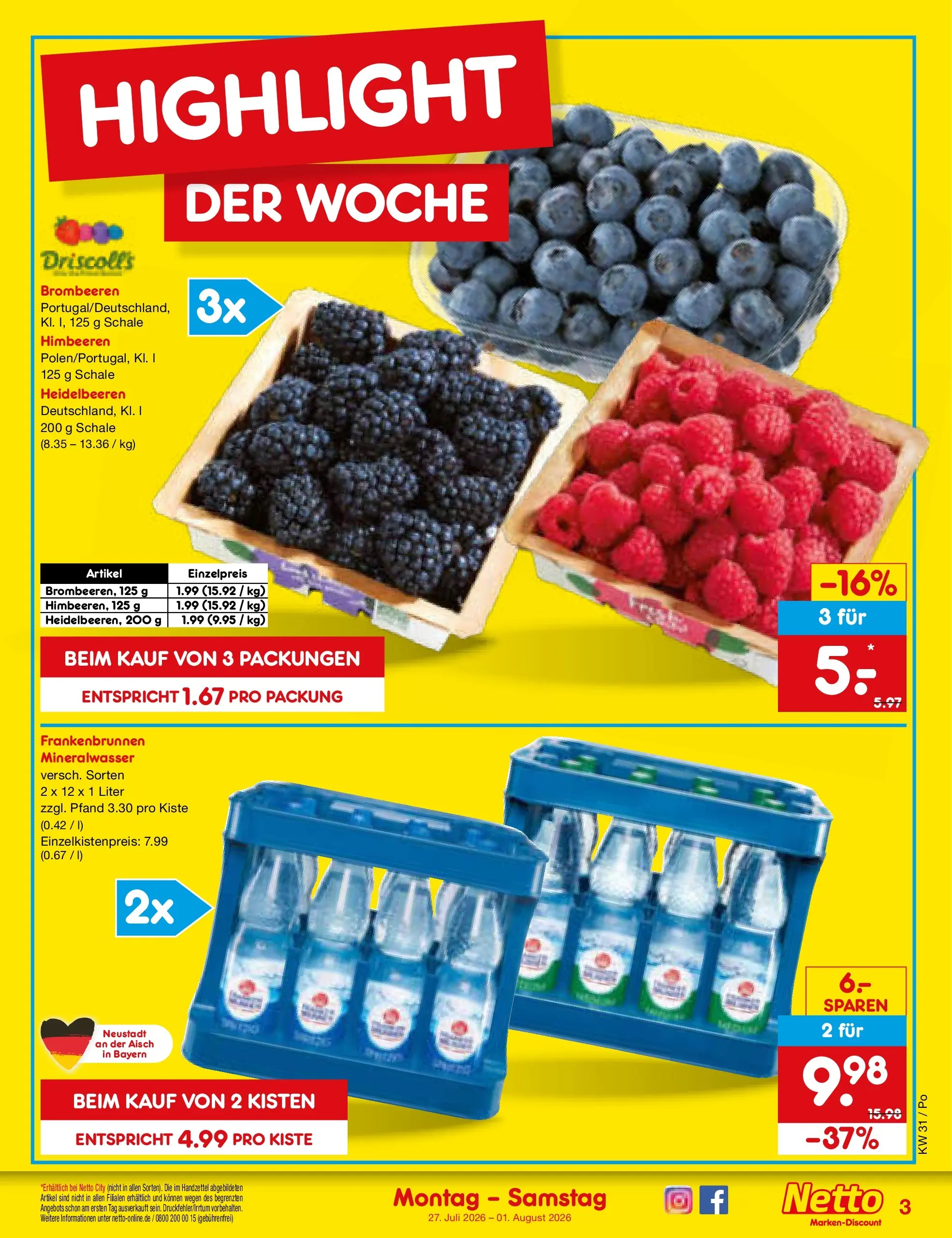 Netto Marken-Discount Prospekt Amberg (ab 27.07.2026) » Angebote | Seite: 3 | Produkte: Himbeeren, Mineralwasser, Heidelbeeren