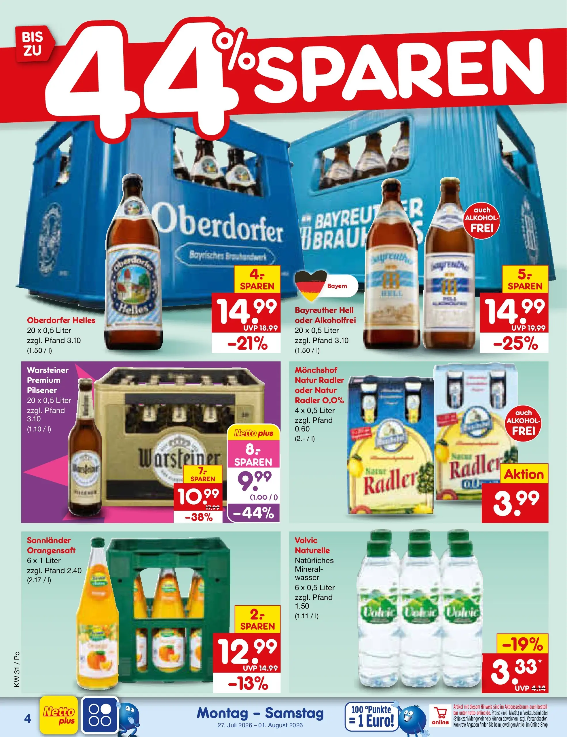 Netto Marken-Discount Prospekt Amberg (ab 27.07.2026) » Angebote | Seite: 4 | Produkte: Monchshof, Orangensaft, Radler, Volvic