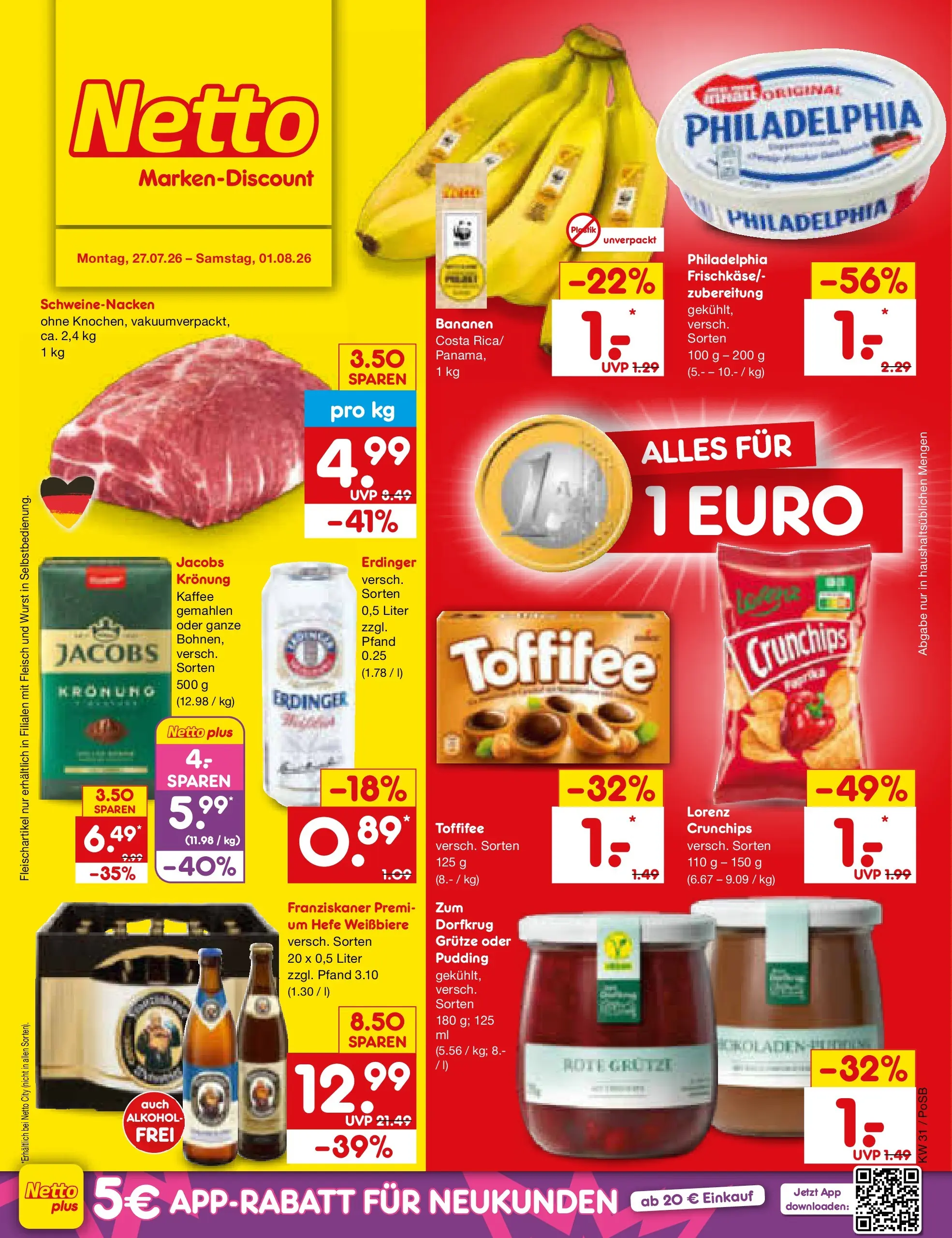 Netto Marken-Discount Prospekt Amberg (ab 27.07.2026) » Angebote | Seite: 1 | Produkte: Franziskaner, Philadelphia, Bananen, Wurst