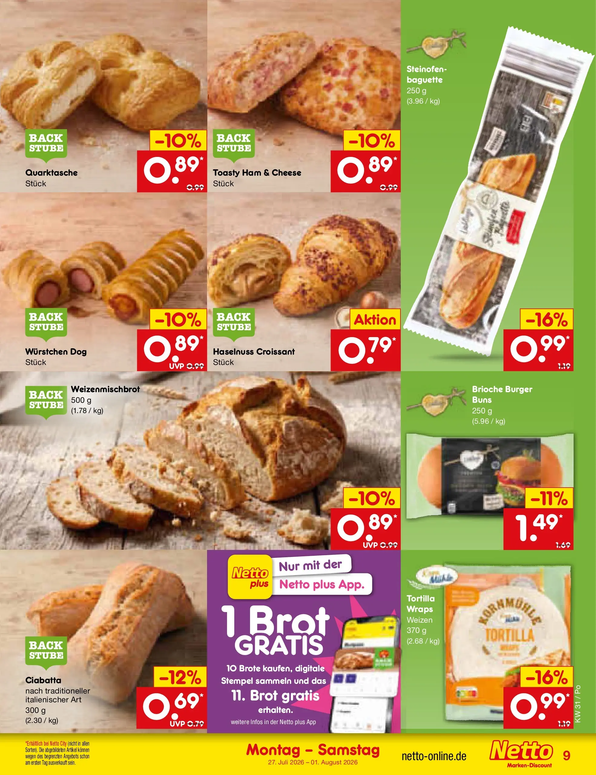 Netto Marken-Discount Prospekt Amberg (ab 27.07.2026) » Angebote | Seite: 11 | Produkte: Burger, Baguette, Croissant, Brot
