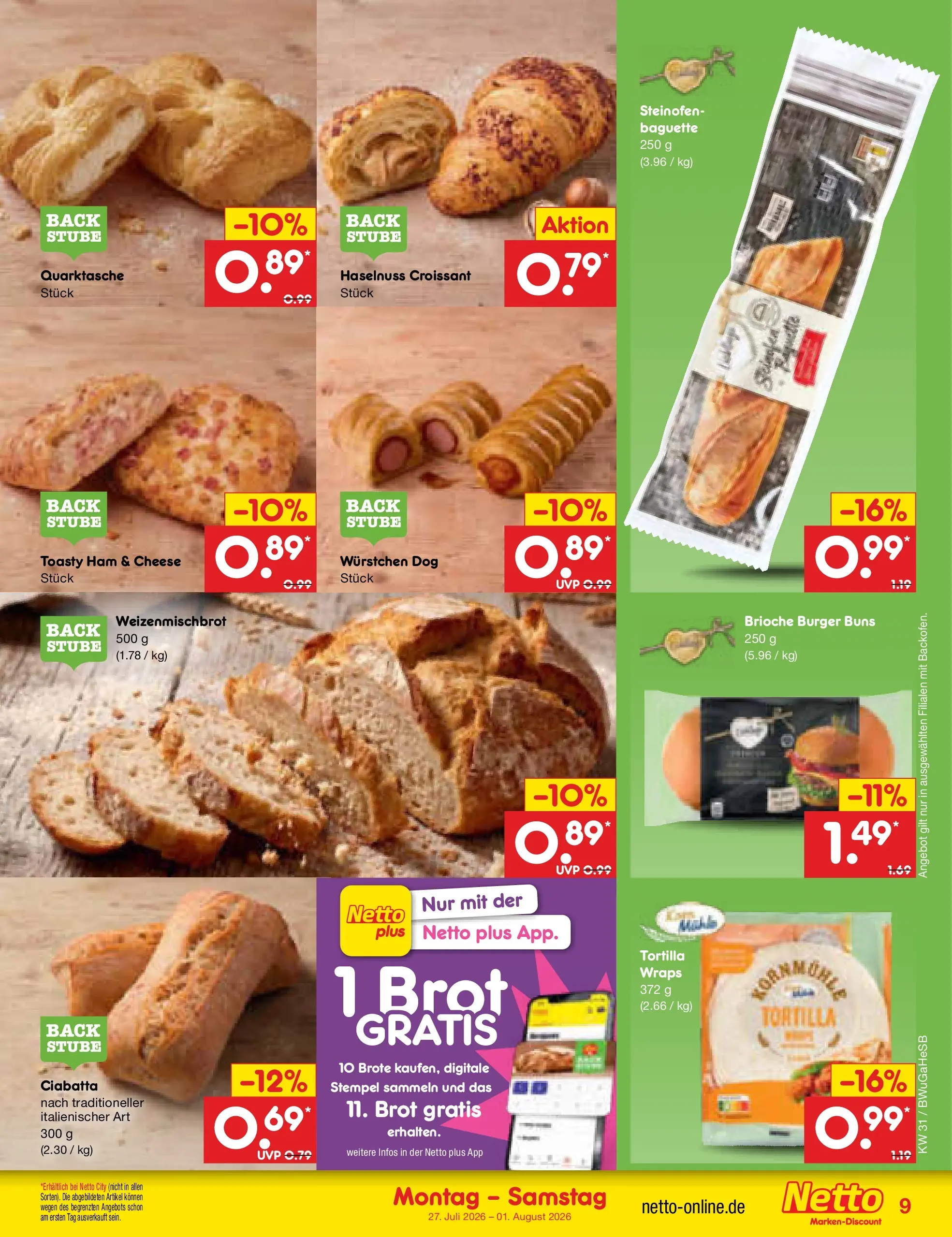 Netto Marken-Discount Prospekt Rostock (ab 27.07.2026) ยป Angebote | Seite: 11 | Produkte: Burger, Baguette, Croissant, Brot Netto Marken-Discount Prospekt Rostock (ab 27.07.2026) ยป Angebote | Seite: 11 | Produkte: Burger, Baguette, Croissant, Brot