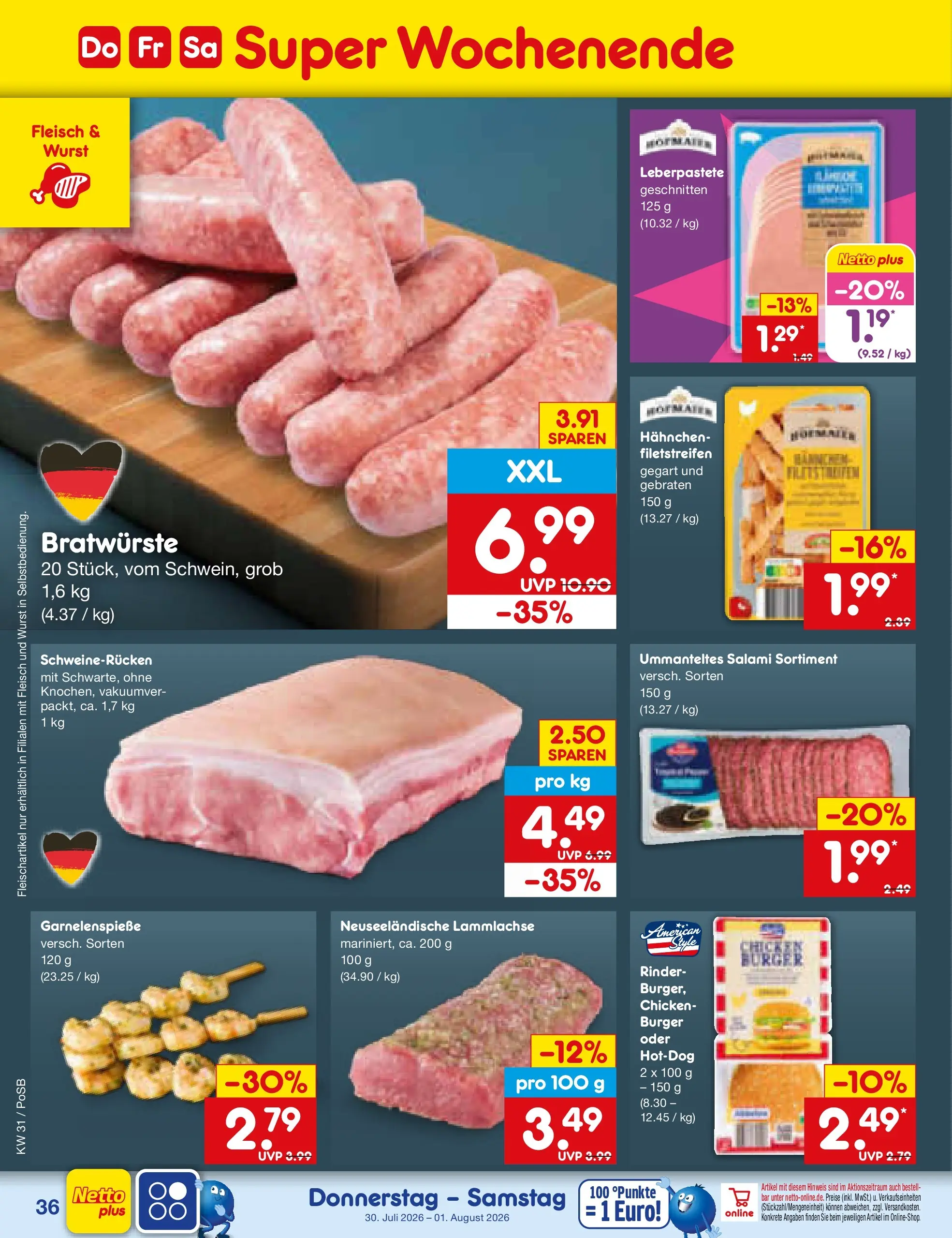 Netto Marken-Discount Prospekt Amberg (ab 27.07.2026) » Angebote | Seite: 53 | Produkte: Burger, Wurst, Schweinerucken, Fleisch