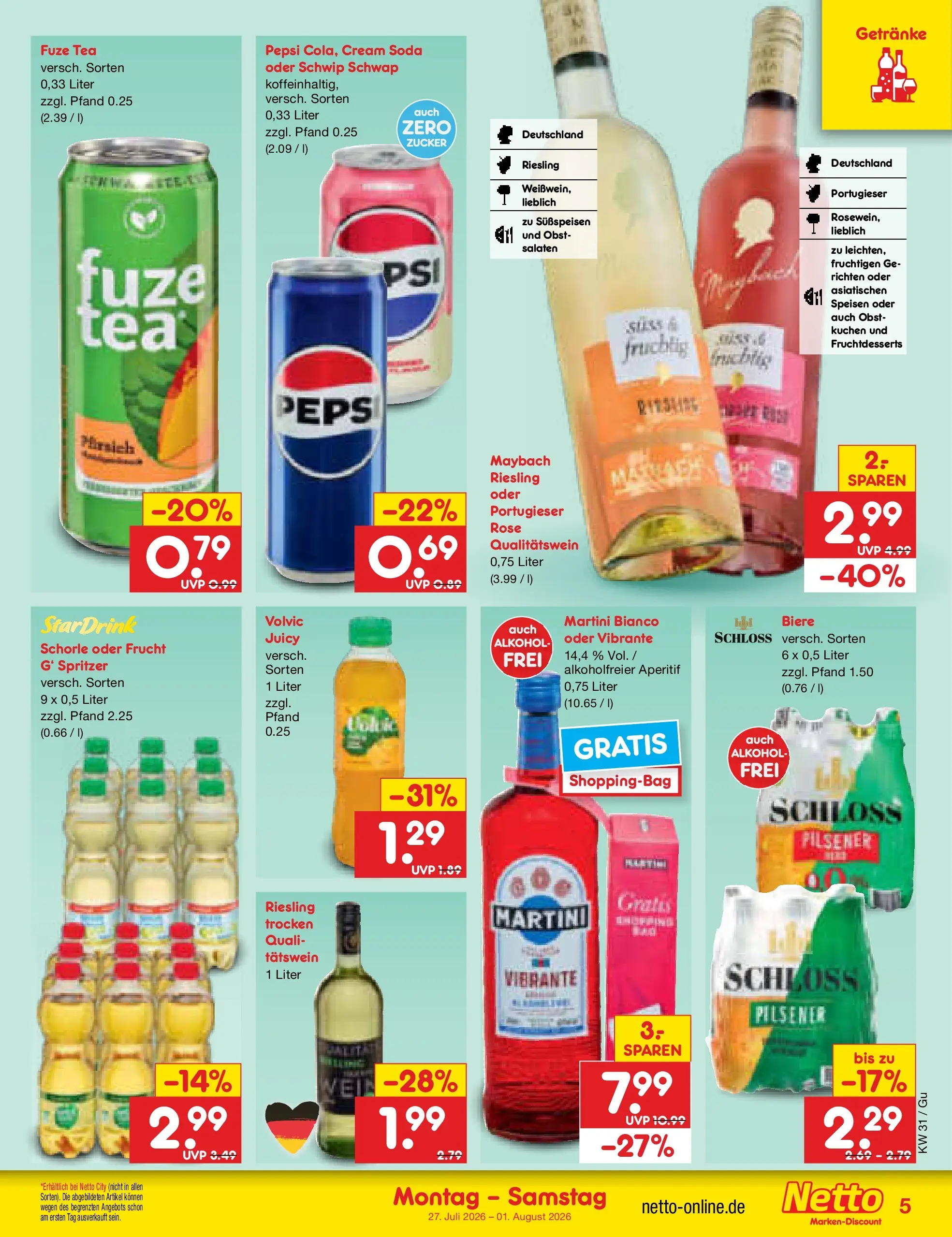 Netto Marken-Discount Prospekt Augustusburg (ab 27.07.2026) ยป Angebote | Seite: 5 | Produkte: Fuze tea, Pepsi, Kuchen, Volvic Netto Marken-Discount Prospekt Augustusburg (ab 27.07.2026) ยป Angebote | Seite: 5 | Produkte: Fuze tea, Pepsi, Kuchen, Volvic