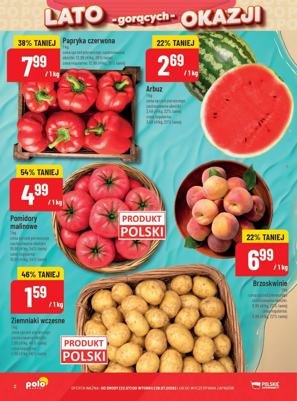 Nowa POLOmarket gazetka od jutra 22.07.2026 | Strona: 2 | Produkty: Arbuz, Papryka czerwona, Pomidory, Ziemniaki