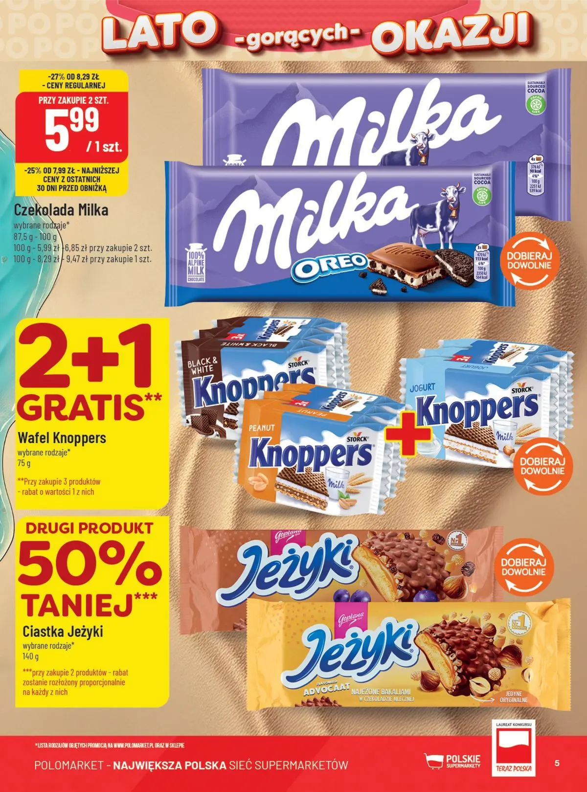 Nowa POLOmarket gazetka od jutra 22.07.2026 | Strona: 5 | Produkty: Knoppers, Milka, Jogurt, Czekolada