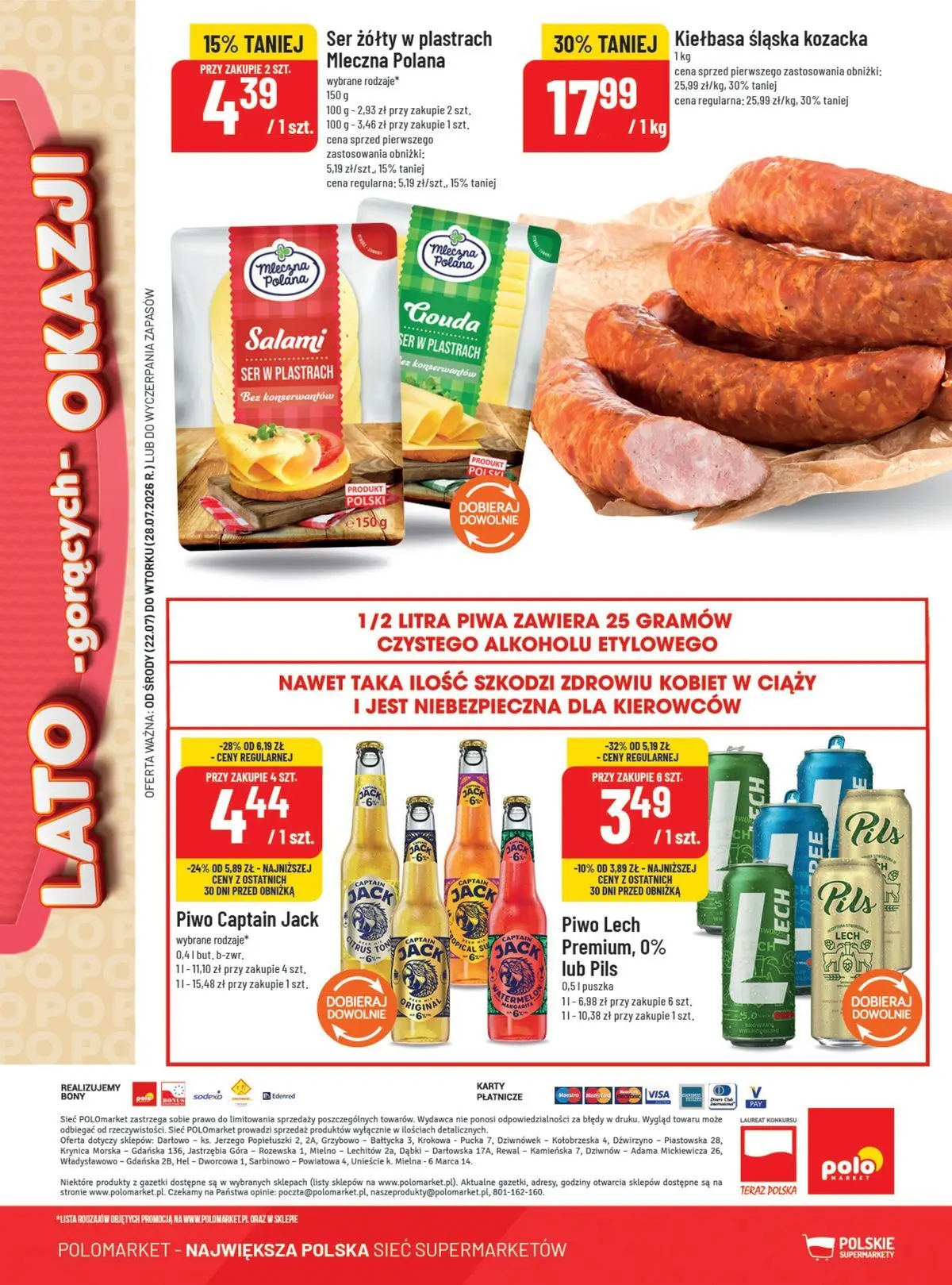 Nowa POLOmarket gazetka od jutra 22.07.2026 | Strona: 10 | Produkty: Ser żółty, Kiełbasa śląska, Salami, Piwo
