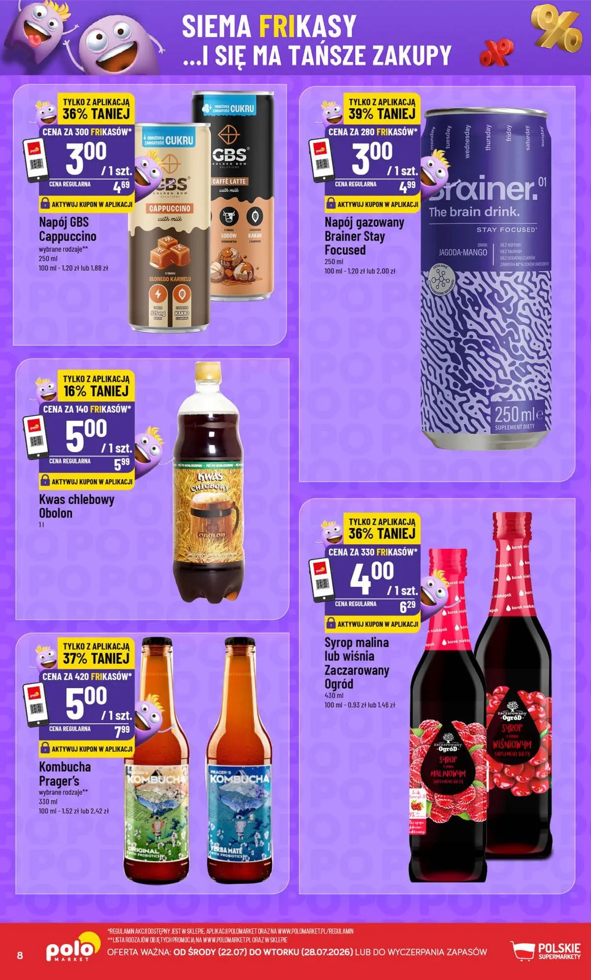 Nowa POLOmarket gazetka od jutra 22.07.2026 | Strona: 8 | Produkty: Malina, Kwas chlebowy, Cappuccino, Kombucha