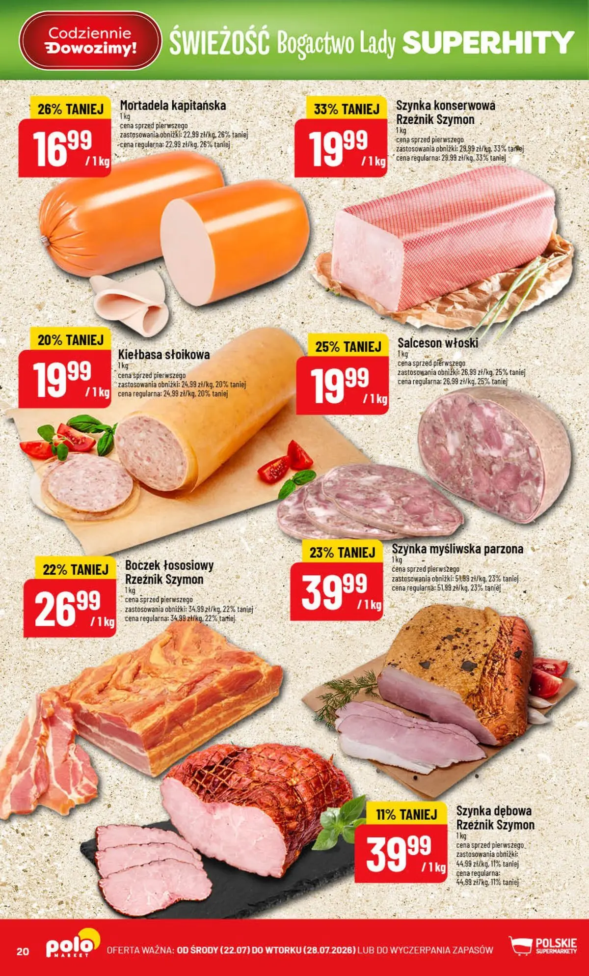 Nowa POLOmarket gazetka od jutra (22.07.2026) | Strona: 20 | Produkty: Kiełbasa, Mortadela, Myśliwska, Boczek Nowa POLOmarket gazetka od jutra 22.07.2026 | Strona: 20 | Produkty: Kiełbasa, Mortadela, Myśliwska, Boczek