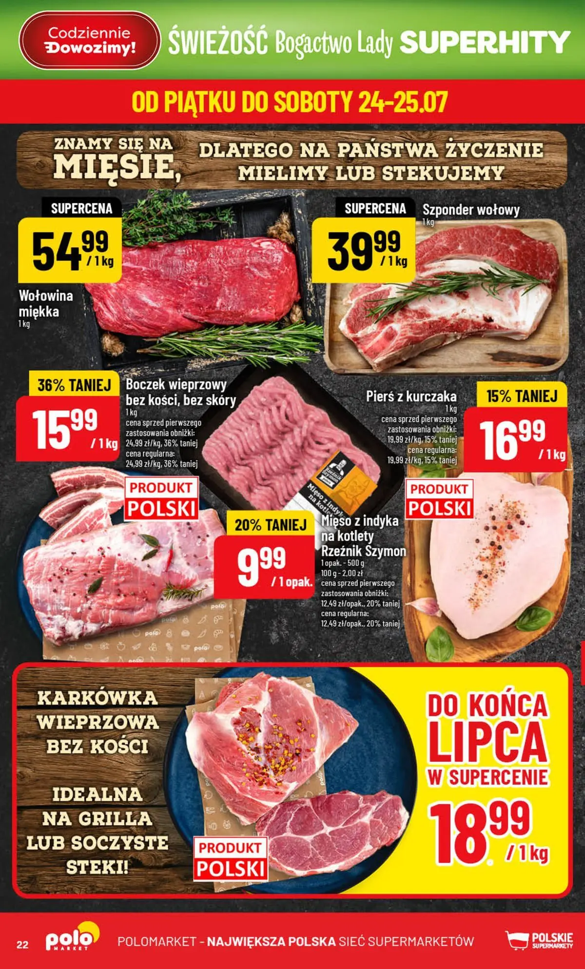 Nowa POLOmarket gazetka od jutra (22.07.2026) | Strona: 22 | Produkty: Karkówka, Mięso z indyka, Wołowina, Kotlety Nowa POLOmarket gazetka od jutra 22.07.2026 | Strona: 22 | Produkty: Karkówka, Mięso z indyka, Wołowina, Kotlety