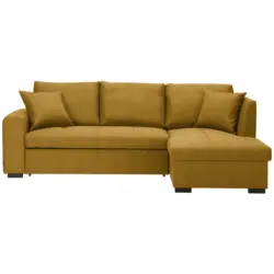 Ecksofa in Webstoff Dunkelgelb Zierkissen, R&uuml;ckenkissen, Bettkasten, Schlaffunktion 238/158 cm