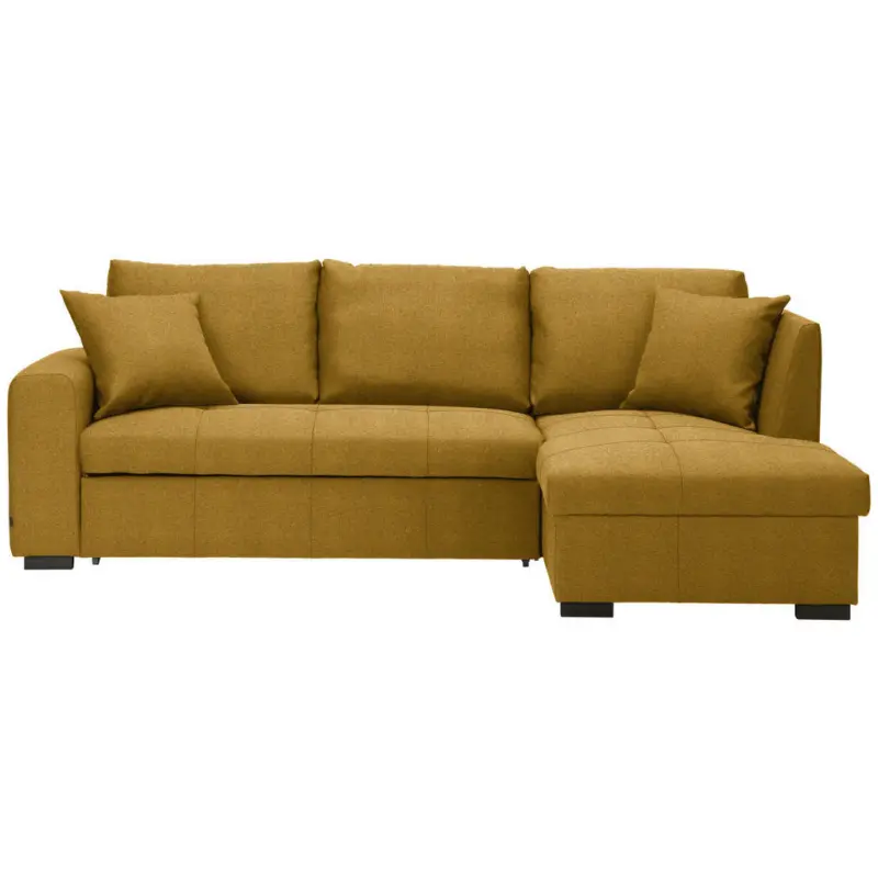 Ecksofa in Webstoff Dunkelgelb Zierkissen, R&uuml;ckenkissen, Bettkasten, Schlaffunktion 238/158 cm