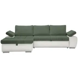 Ecksofa in Flachgewebe Wei&szlig;, Olivgr&uuml;n R&uuml;ckenkissen, Armlehnenkissen, Bettkasten, Schlaffunktion, R&uuml;cken echt, Armteilverstellung 175/271 cm