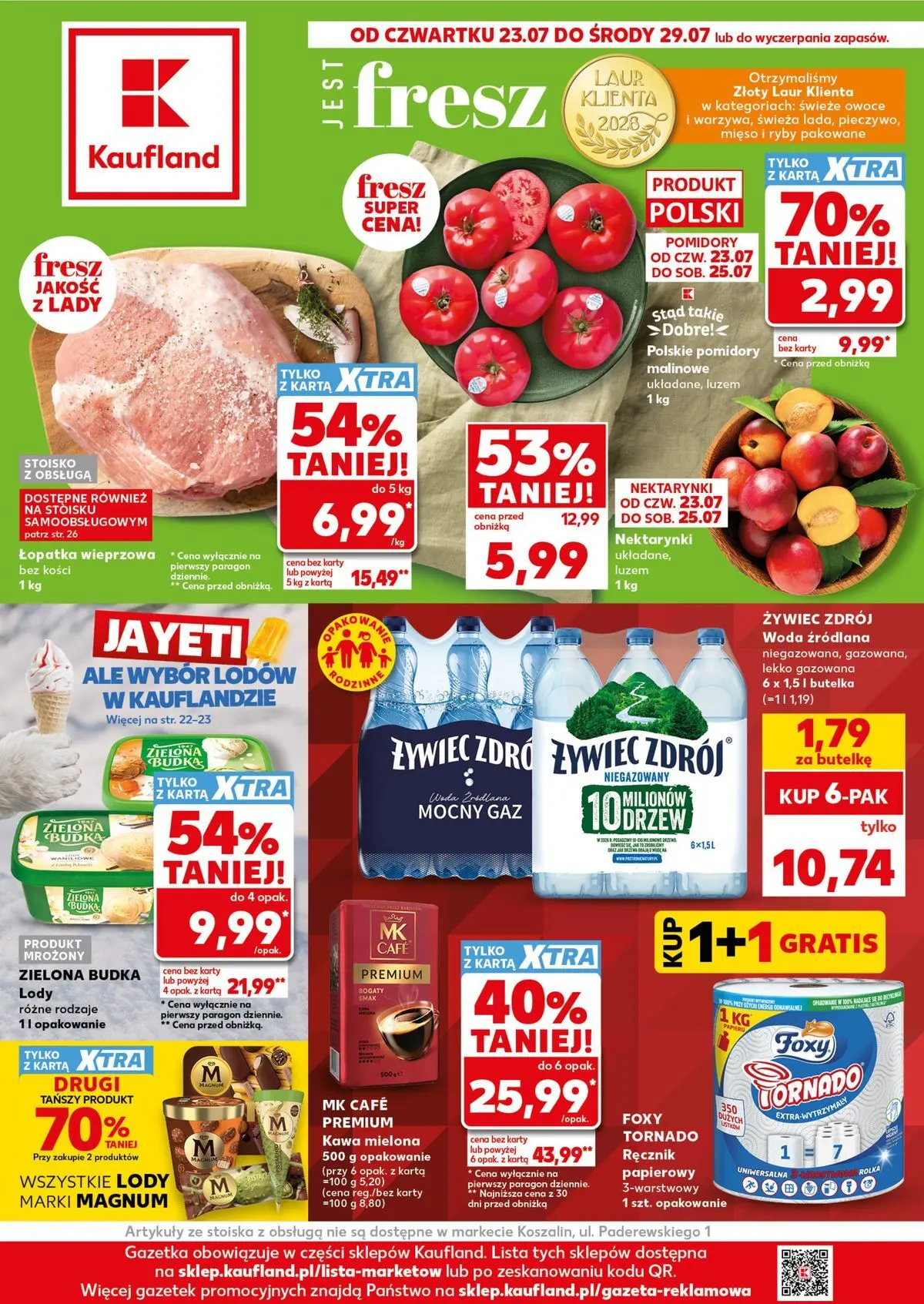 Kaufland gazetka od 23.07.2026 - od jutra PDF | Strona: 1 | Produkty: Łopatka wieprzowa, Pomidory, Ryby, Woda