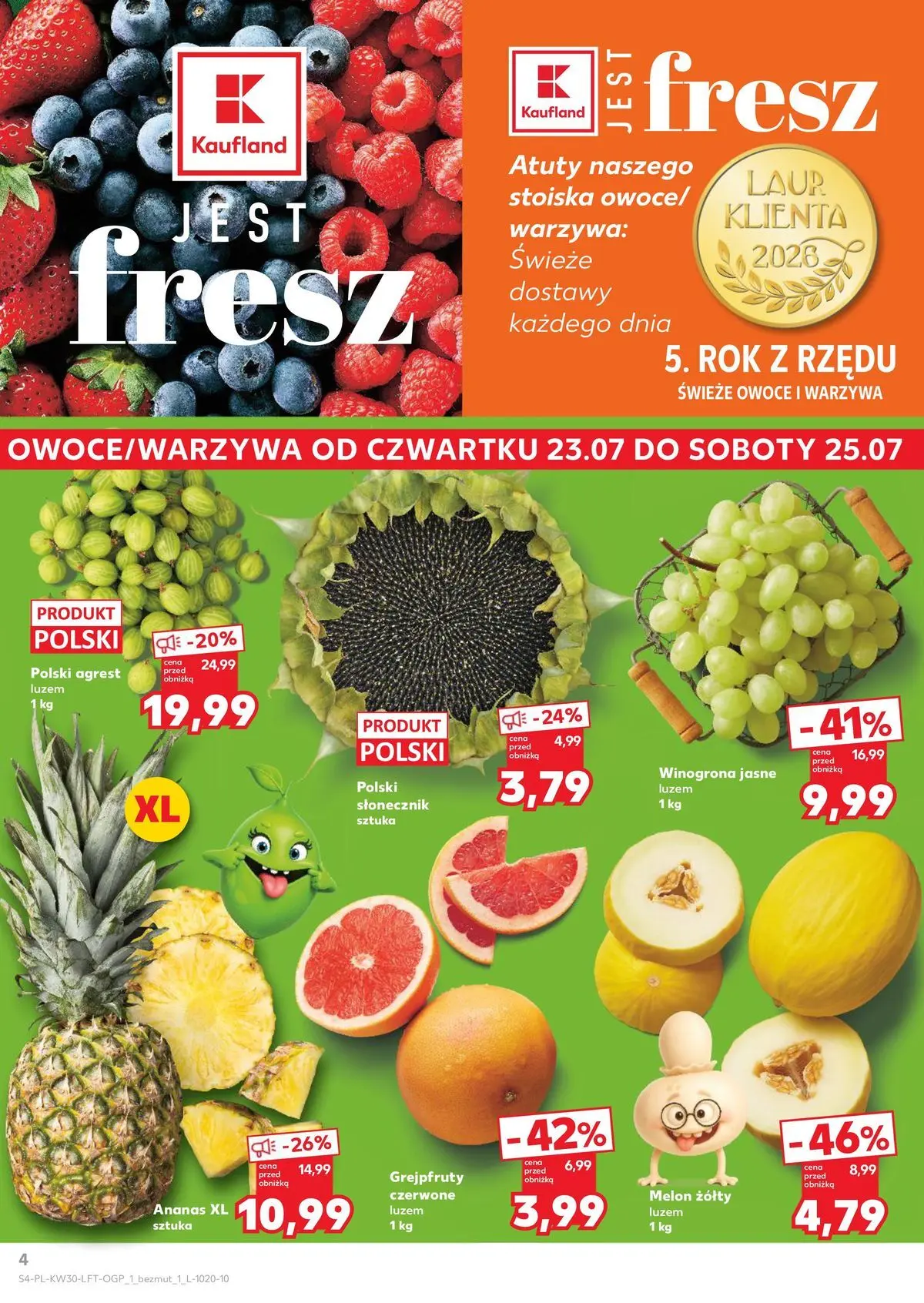 Kaufland gazetka od 23.07.2026 - od jutra PDF | Strona: 4 | Produkty: Melon, Agrest, Ananas, Owoce