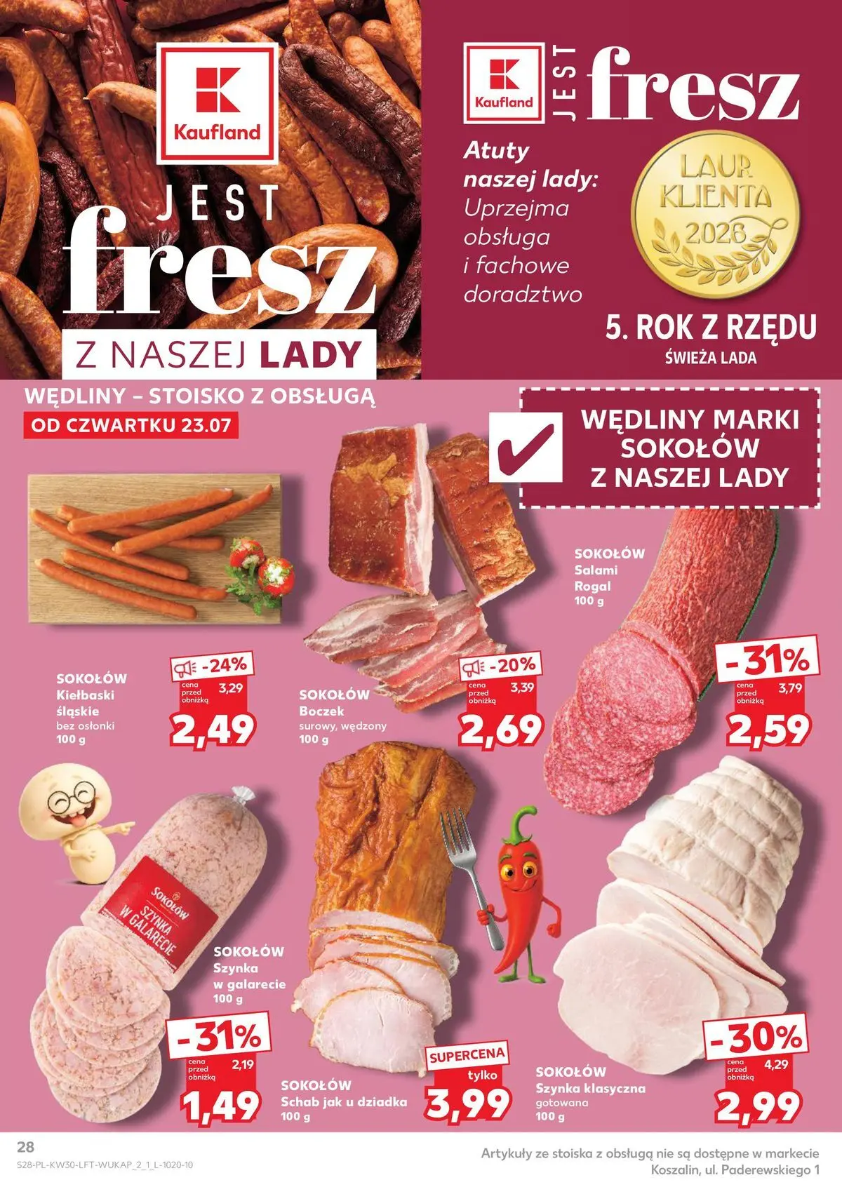 Kaufland gazetka od 23.07.2026 - od jutra PDF | Strona: 28 | Produkty: Schab, Kiełbaski, Szynka, Salami
