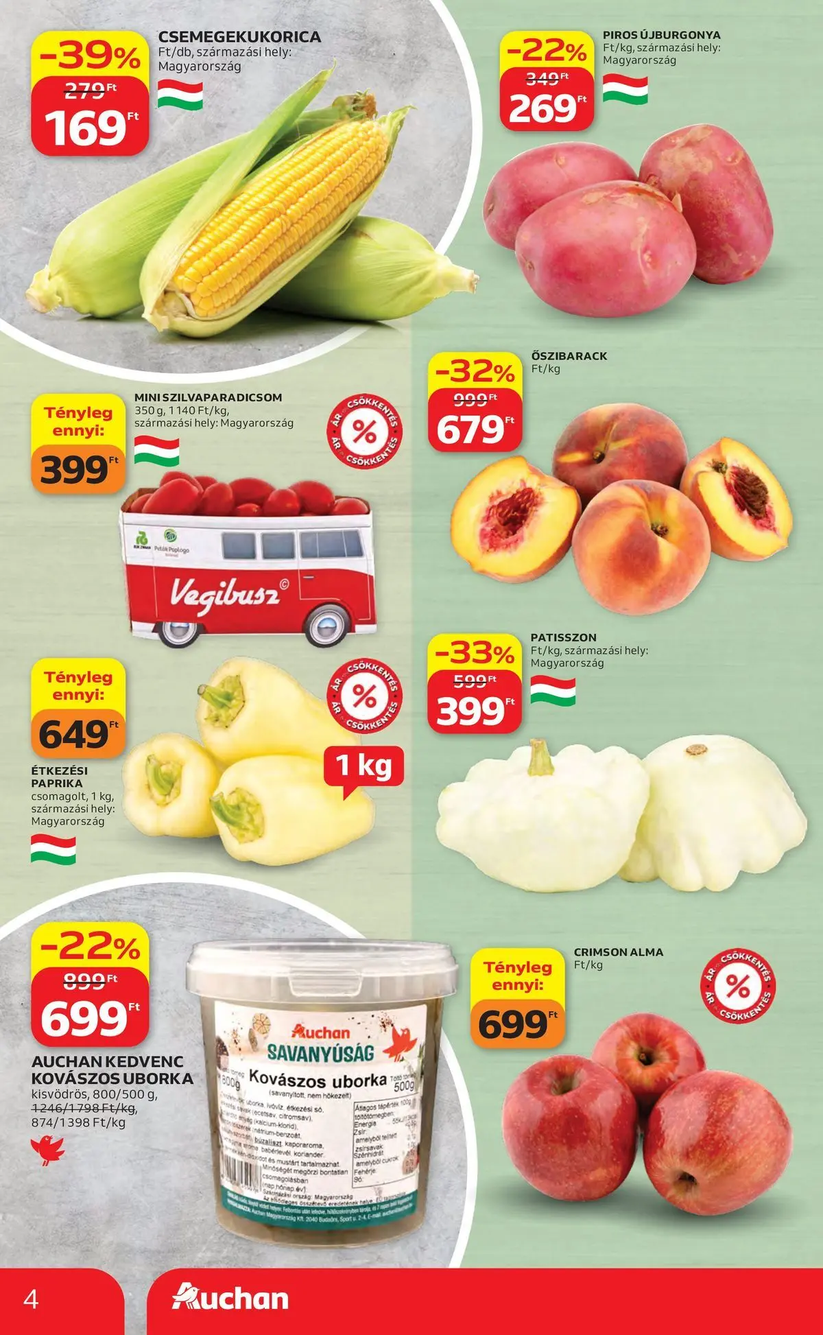 Auchan akciós újság Miskolc - 2026.07.23. -tól/töl > akció, lapozható szórólap 🛍️ | Oldal: 4 | Termékek: Őszibarack, Fehérje, Alma, Uborka