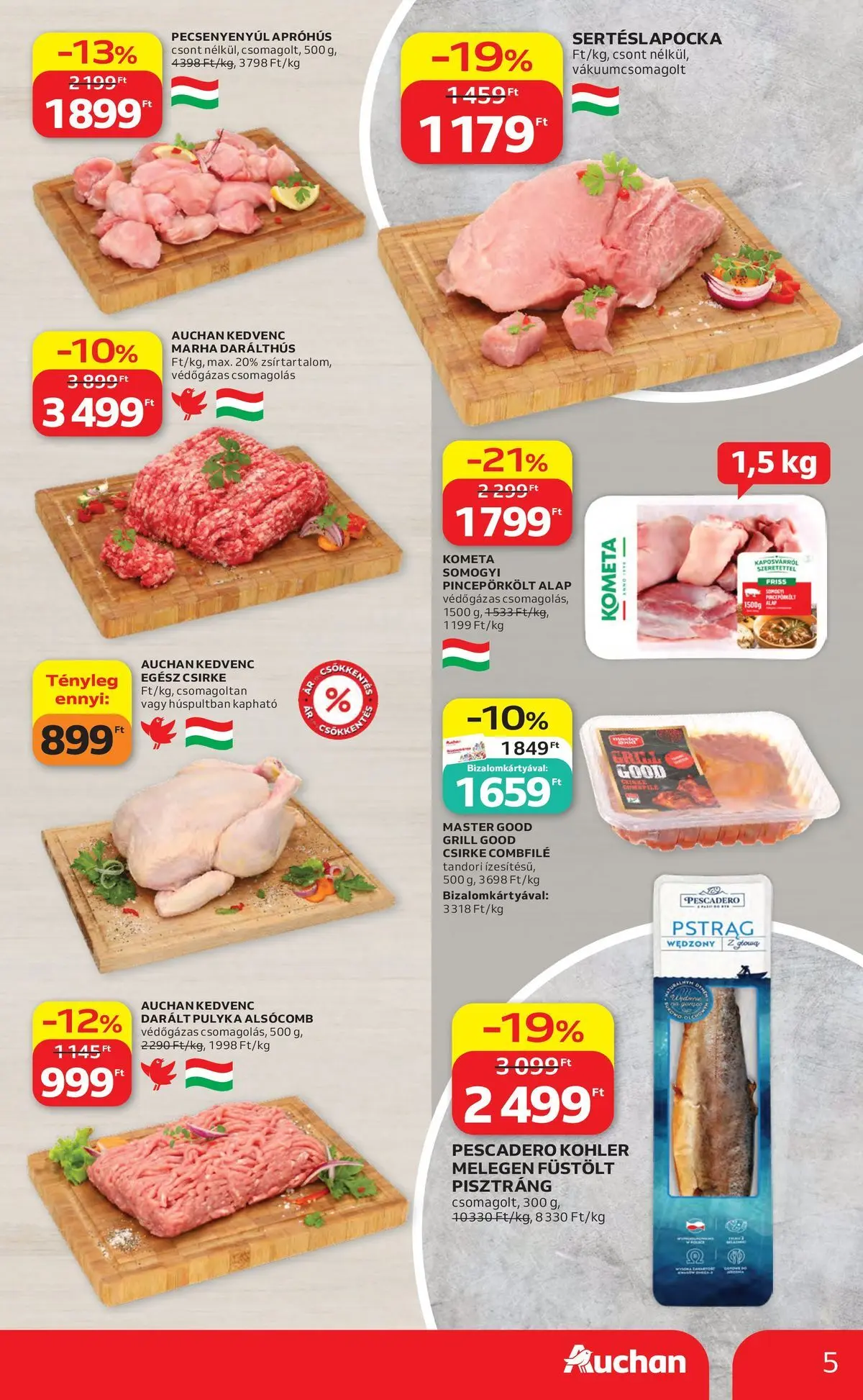 Auchan akciós újság Miskolc - 2026.07.23. -tól/töl > akció, lapozható szórólap 🛍️ | Oldal: 5 | Termékek: Sertéslapocka, Egész csirke, Pisztráng, Grill