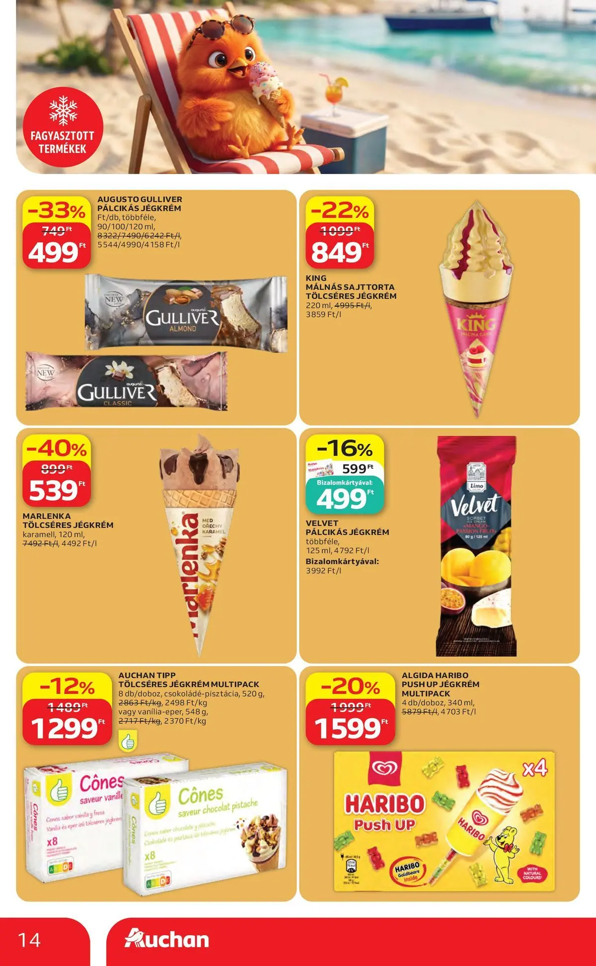 Auchan akciós újság Miskolc - 2026.07.23. -tól/töl > akció, lapozható szórólap 🛍️ | Oldal: 14 | Termékek: Sajttorta, Eper, Jégkrém, Mangó