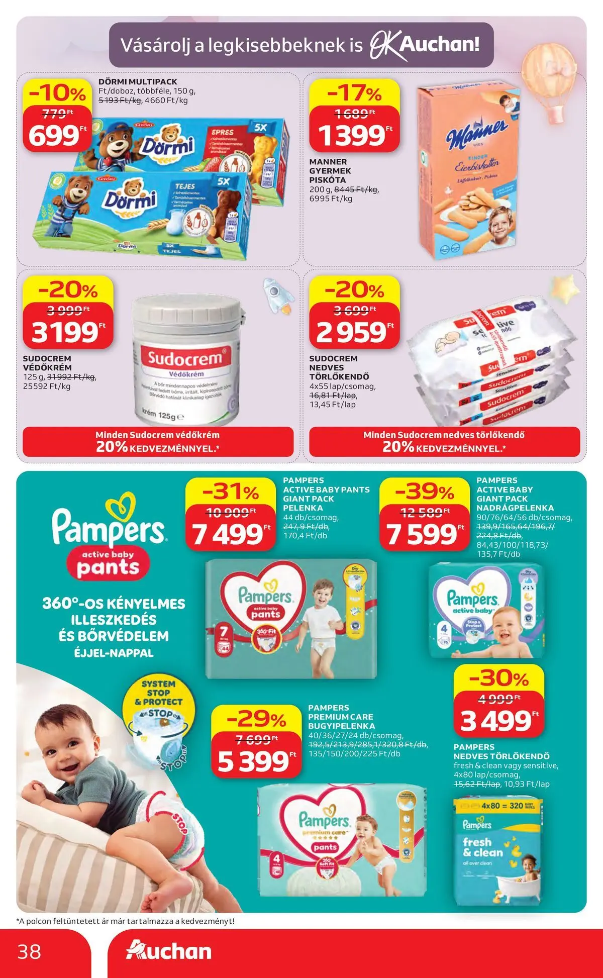 Auchan akciós újság Miskolc - 2026.07.23. -tól/töl > akció, lapozható szórólap 🛍️ | Oldal: 38 | Termékek: Piskóta, Pelenka, Nedves törlőkendő, Bor