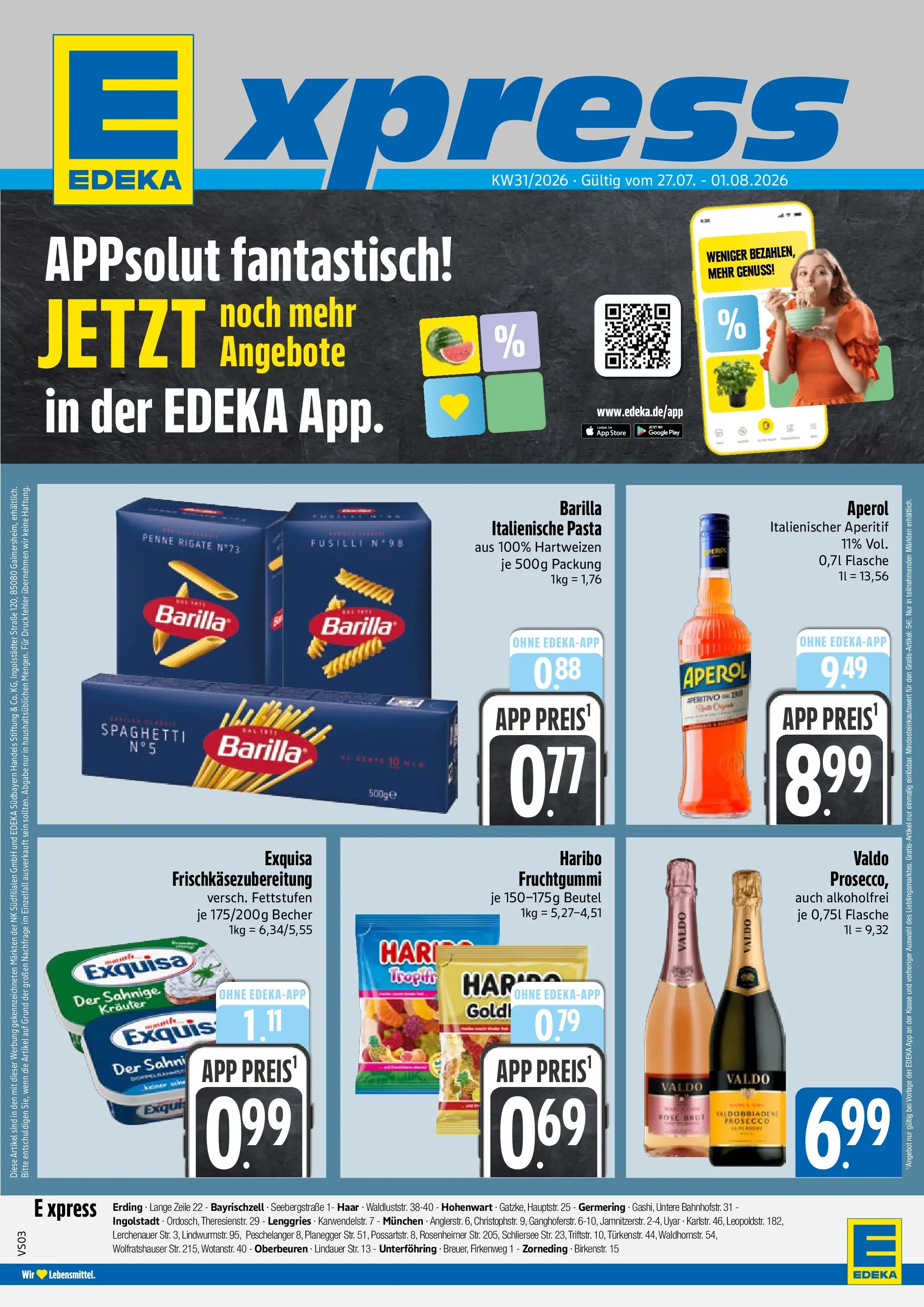 Angebote - E xpress: Wochenangebote (ab 27.07.2026) zum Blättern | Seite: 1 | Produkte: Exquisa, Prosecco, Pasta, Aperol