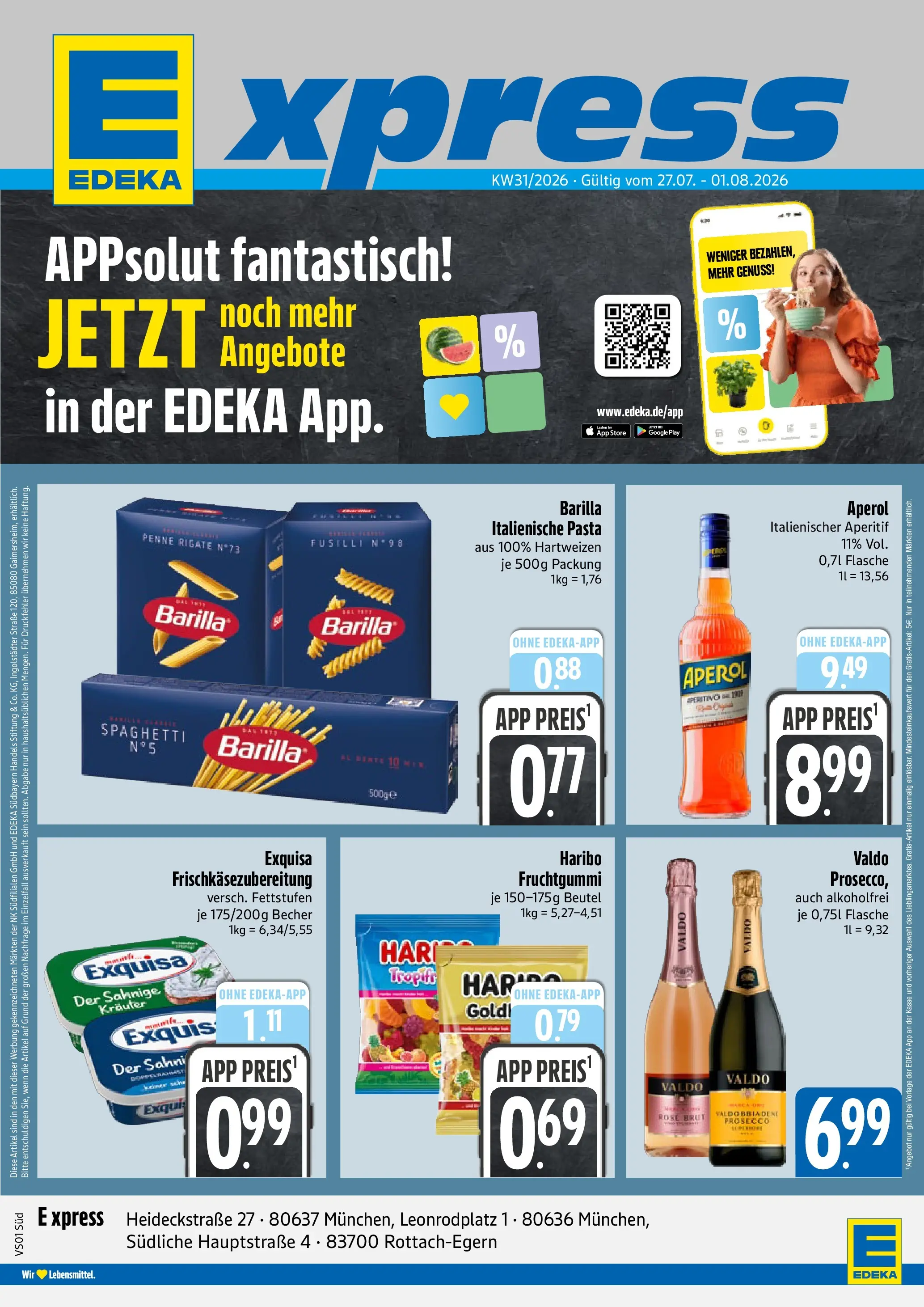 Angebote - E xpress: Wochenangebote (ab 27.07.2026) zum Blättern | Seite: 1 | Produkte: Haribo, Exquisa, Prosecco, Aperol