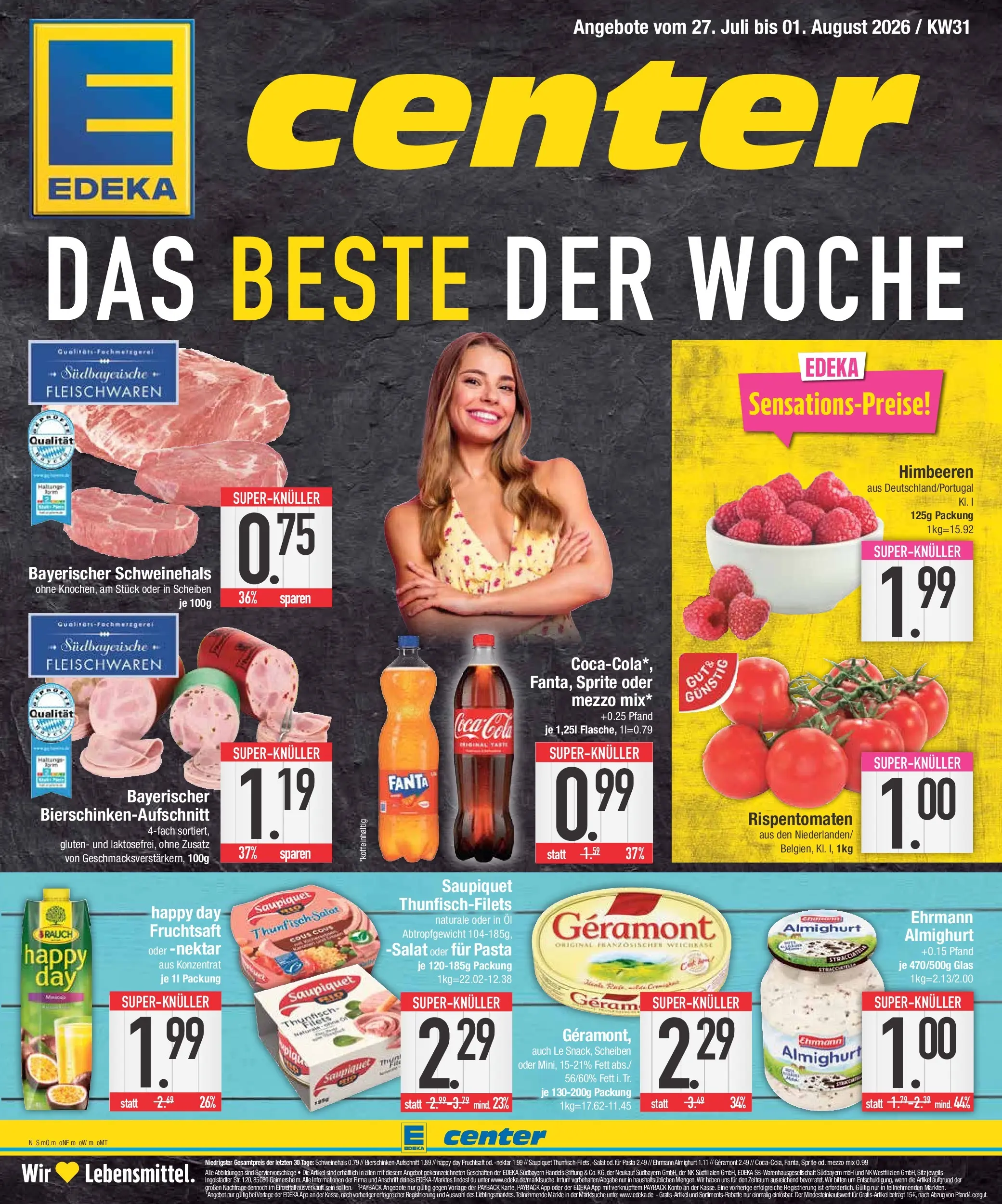 E center Prospekt München (ab 27.07.2026) zum Blättern | Seite: 1 | Produkte: Mezzo mix, Coca cola, Thunfisch, Salat