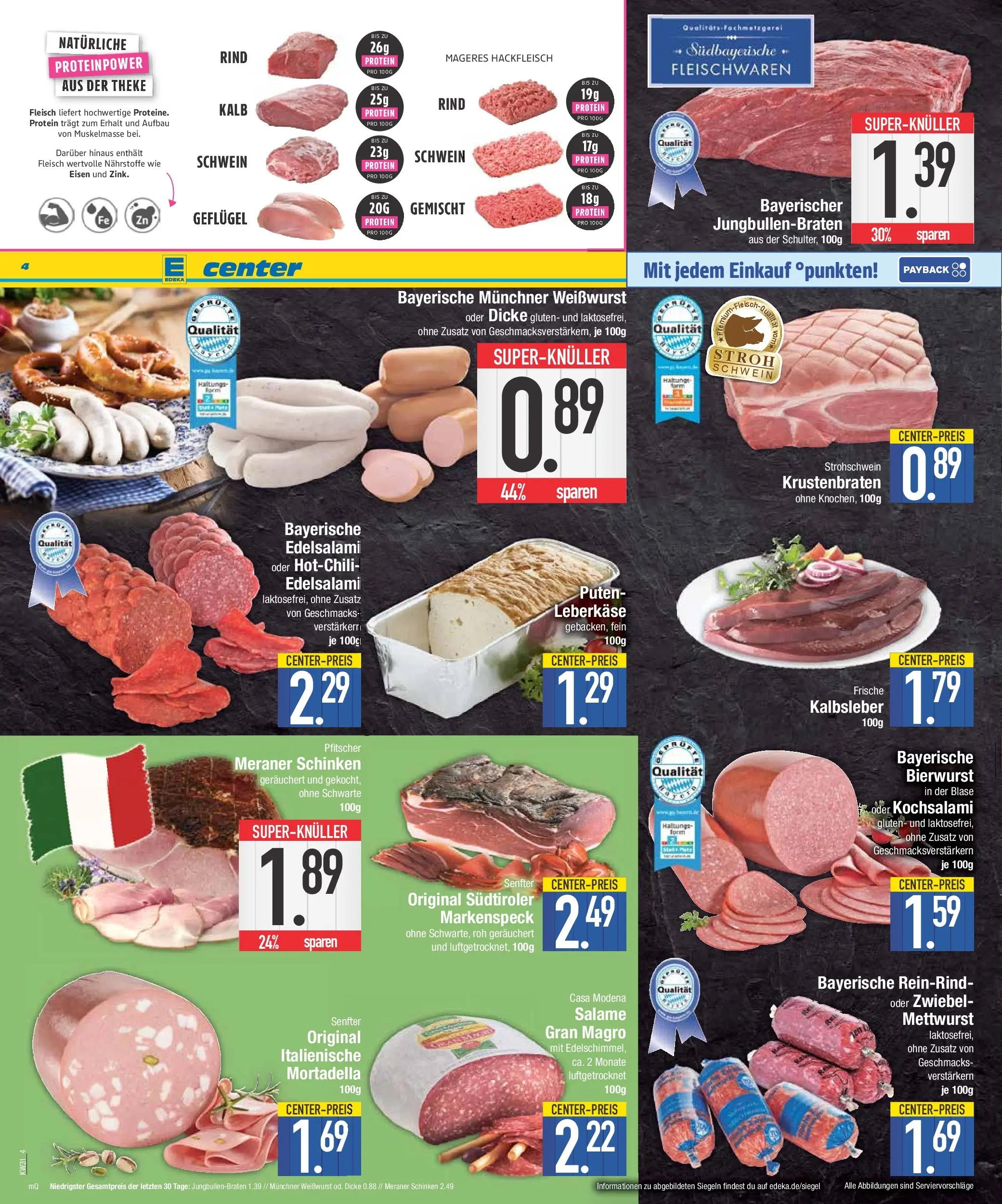 E center Prospekt München (ab 27.07.2026) zum Blättern | Seite: 4 | Produkte: Weißwurst, Krustenbraten, Schinken, Hackfleisch