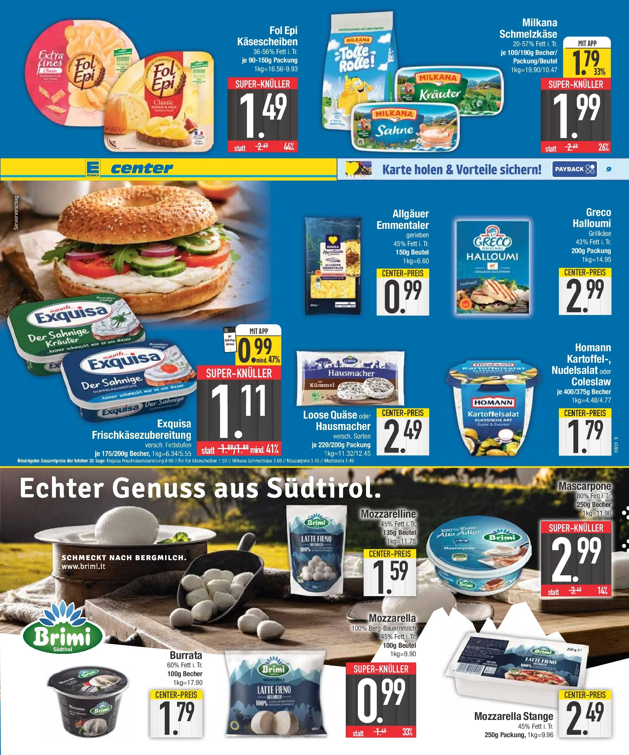 E center Prospekt München (ab 27.07.2026) zum Blättern | Seite: 9 | Produkte: Mascarpone, Milkana, Exquisa, Burrata