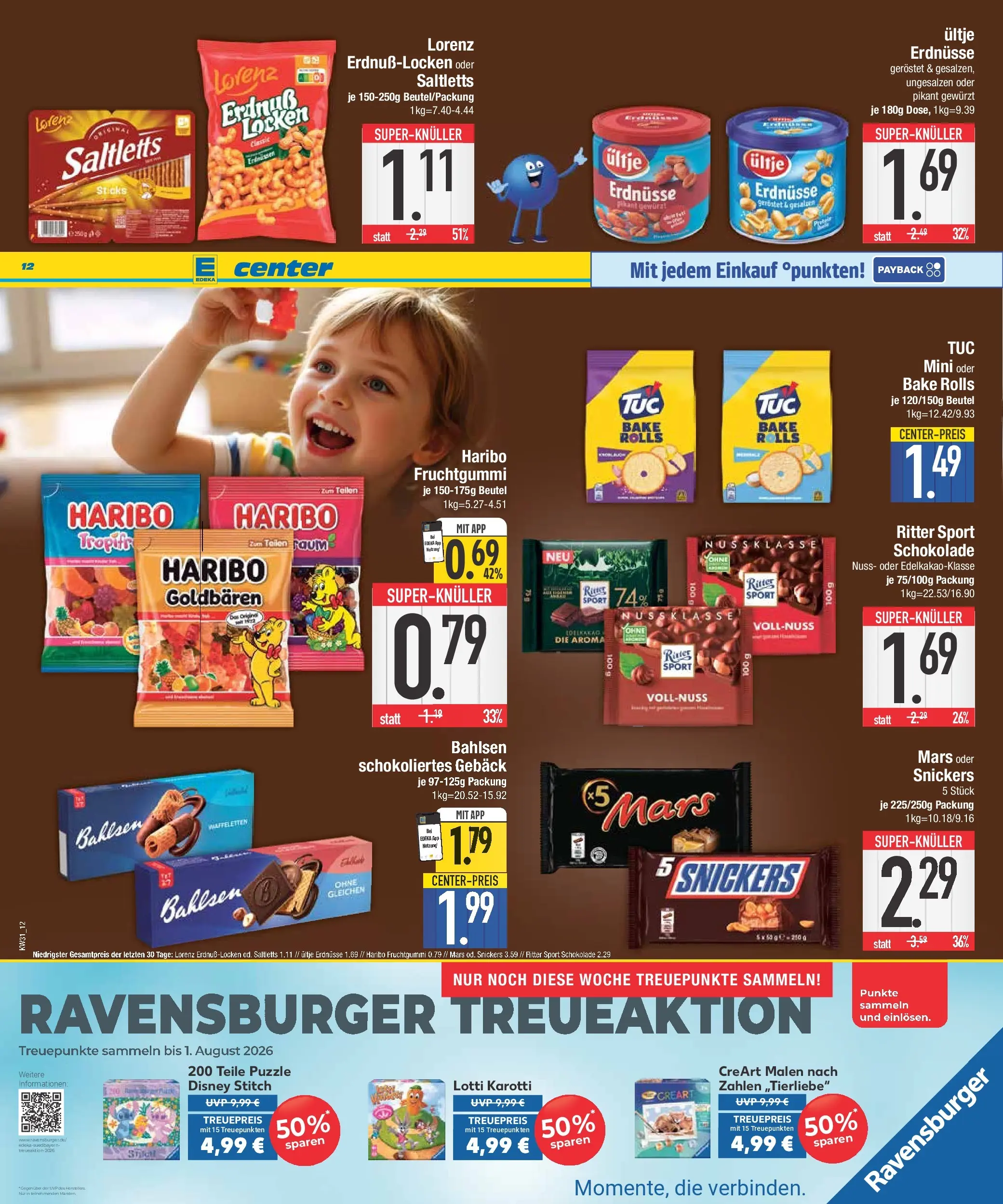 E center Prospekt München (ab 27.07.2026) zum Blättern | Seite: 12 | Produkte: Erdnüsse, Schokolade, Snickers, Mars